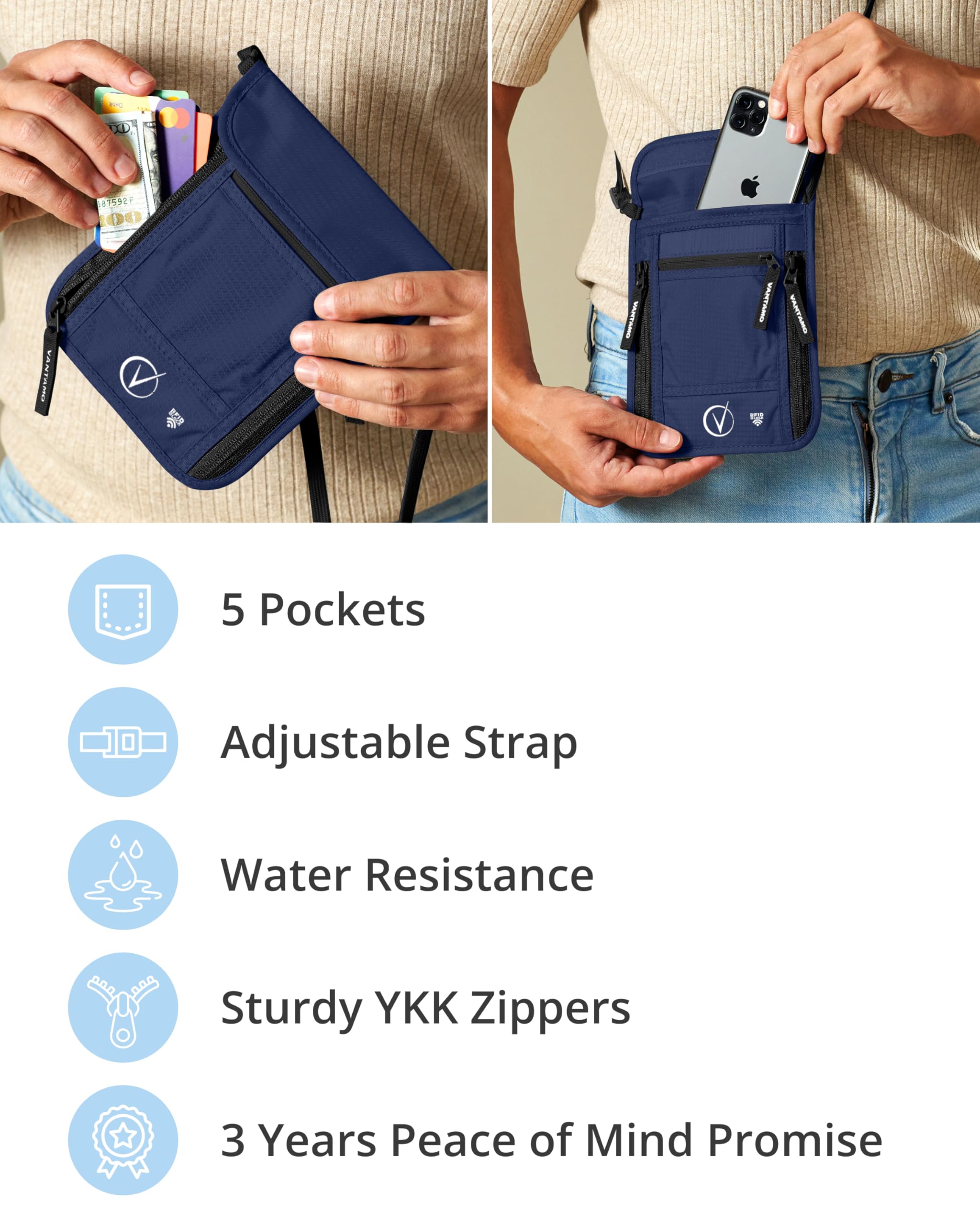 Vantamo Wysokiej jakości portfel podróżny na szyję i uchwyt na paszport, chroniony RFID, pasuje do paszportu z pokrowcem. Uchwyt na paszport dla mężczyzn i kobiet, Głęboki niebieski czarny, S, Portfel