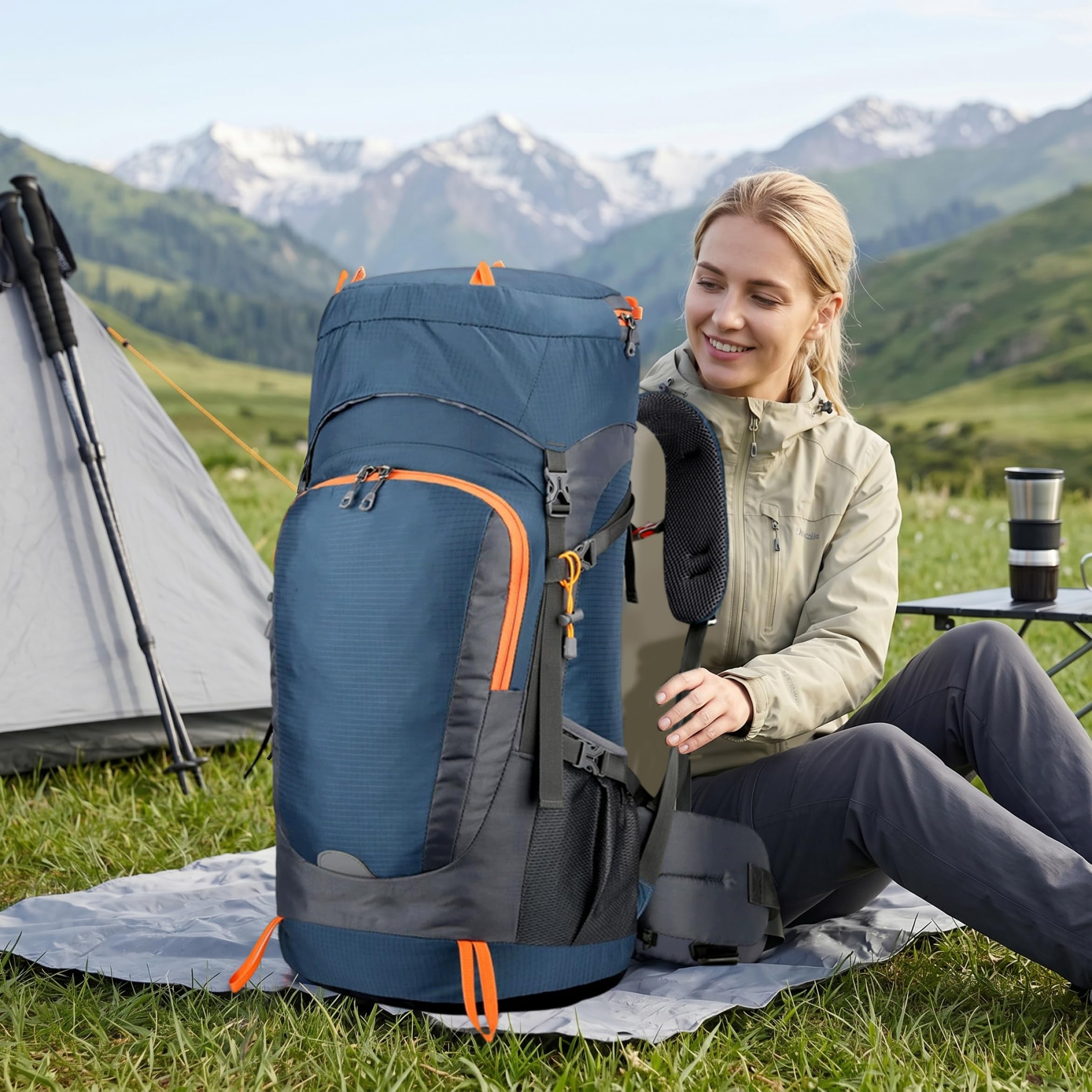 Wanderrucksack, 55 l, großes Fassungsvermögen, Camping-Rucksack, wasserdichter Wanderrucksack, ideal für Outdoor-Reisen, Camping, Schwarz