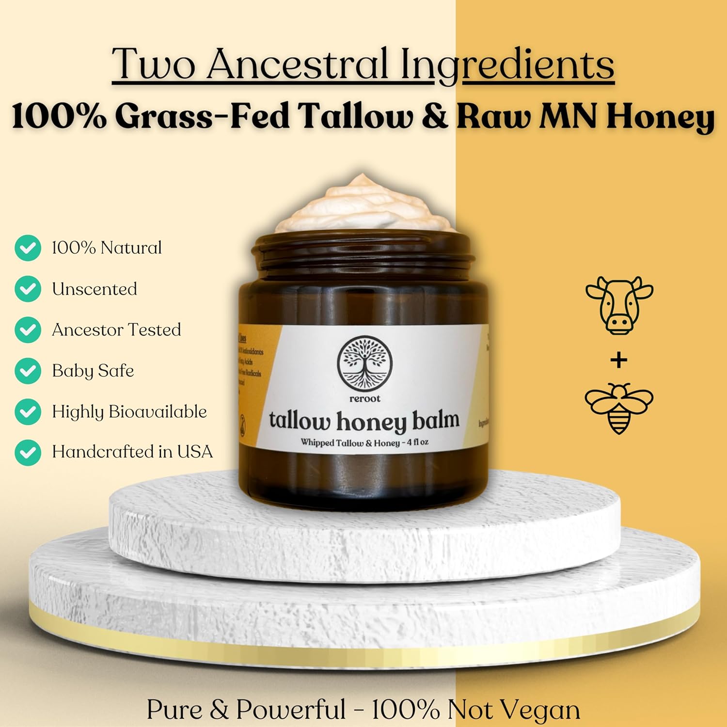Beef Tallow Balm for Skin -2 Ingredients- Grass-Fed Grass-Finished Beef Tallow & Raw Honey for Skin - Unscented Beef Tallow Honey Balm for Face & Body - Sensitive Dry Skin Eczema Psoriasis Rosacea