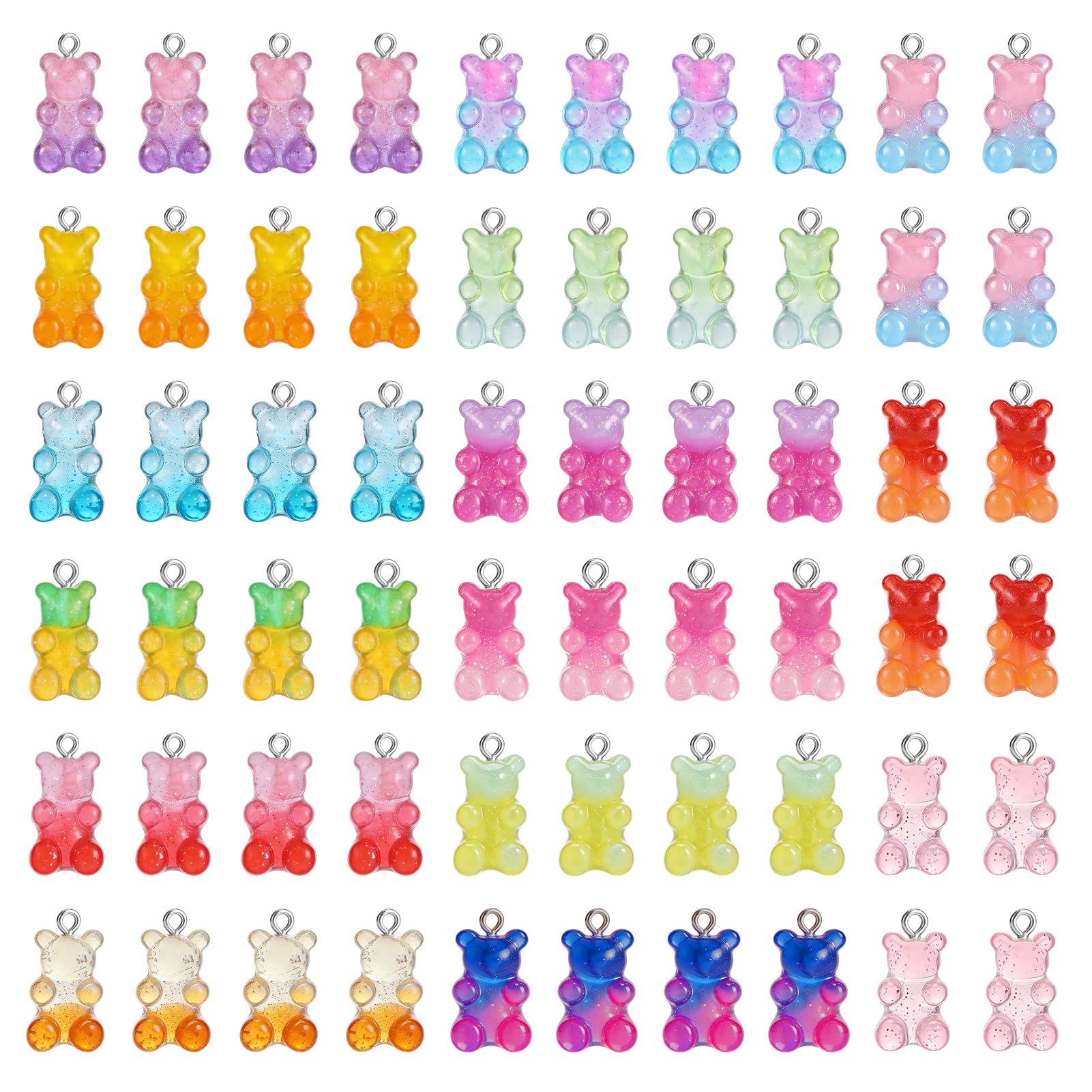 Biubee 60 Pcs Gummy Gradient DIY Bear Charms - 3D Cute Resin Bear Pendants in 15 Colours, Jewellery Making Accessories for Bracelet Necklace Phone Charm and DIY Crafts