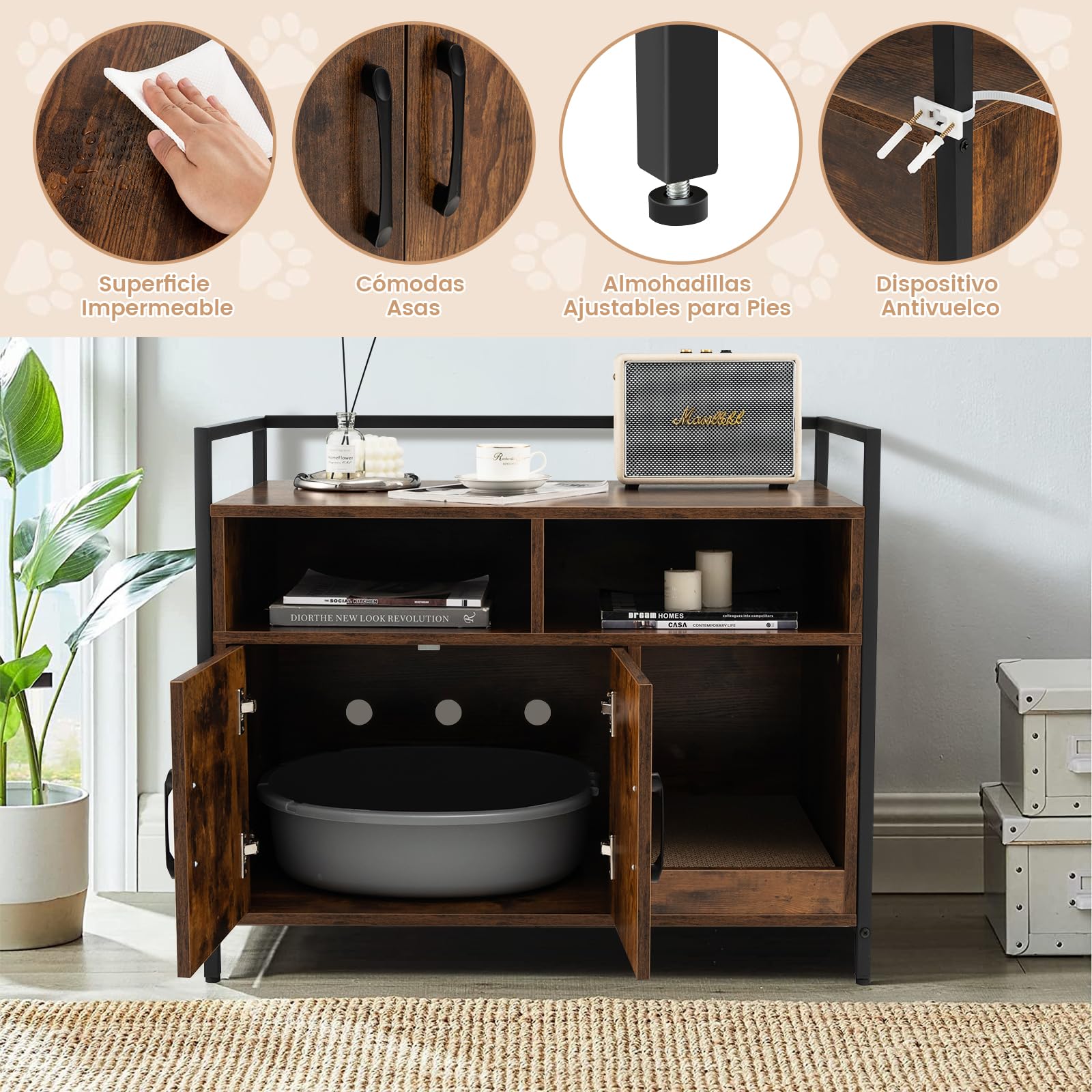 GOPLUS Mueble Arenero para Gatos con Estructura de Metal, Aseo Cerrado con Estantes, Casa de Mascotas Interior, Lavabo Oculto, Marrón, 89 x 45 x 74,5 cm