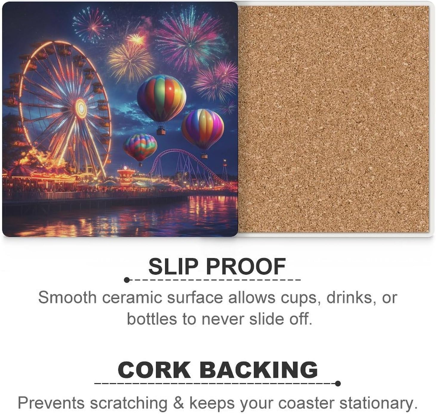 Ferris Wheel Coasters for Drinks Square Table Coasters Set Cup Mats with Cork Base