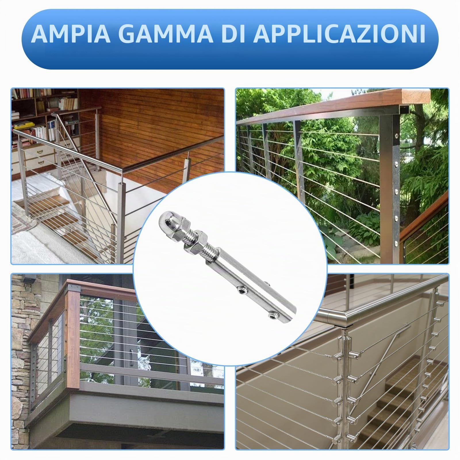 Tenditore Per Fune, 10PCS Morsetto Per Fune In Acciaio Inox 6mm Kit Di Terminale Filettato Per Funi Metalliche Con Perni Filettati Regolabile Di Tensione Per Ringhiere In Acciaio Inox