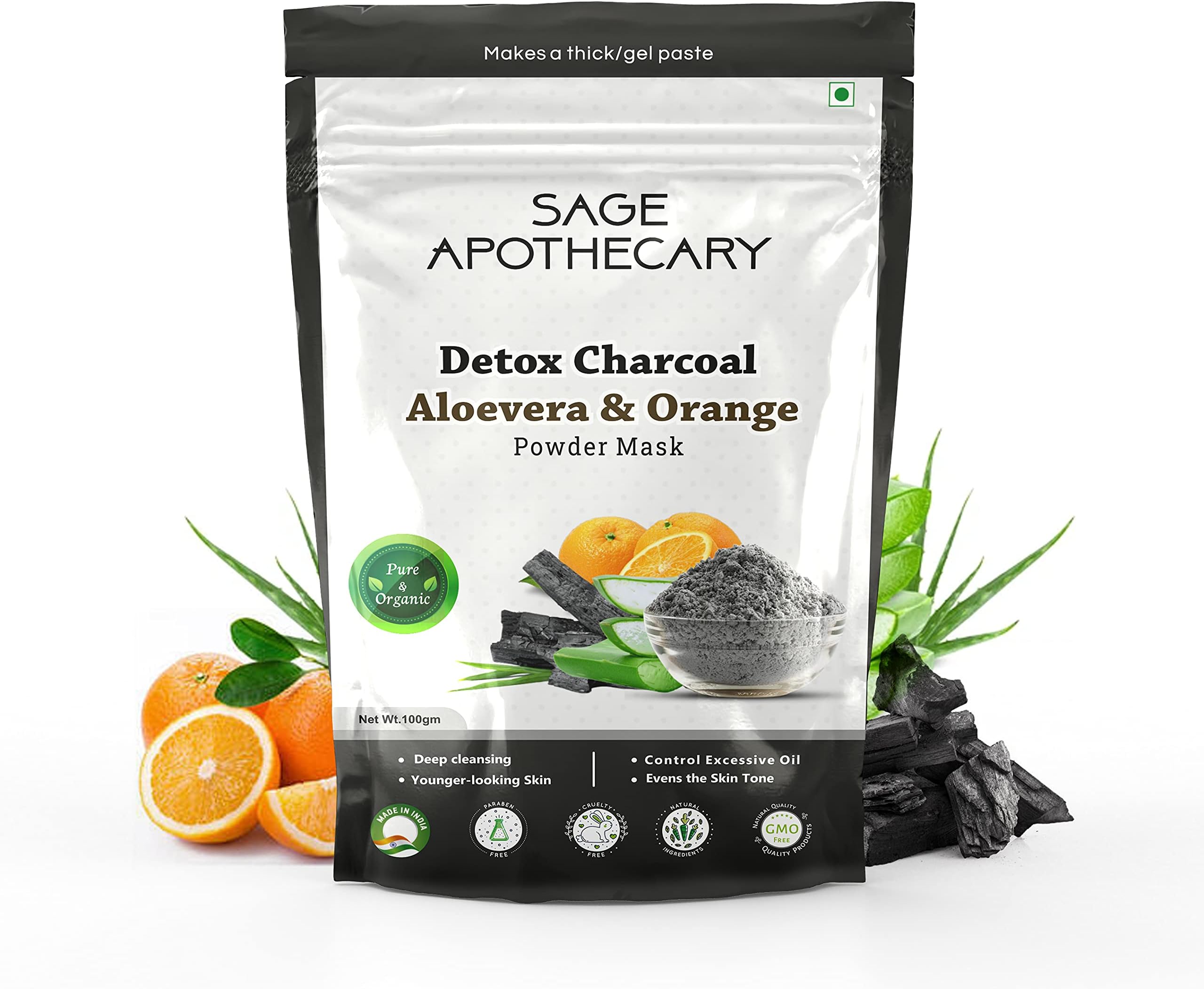 Sage Apothecary Summer Natural Detox Charcoal, Aloevera & Orange Powder Face Mask for Great Exfoliating | Detox & Unclog Pores | Pure & Organic | Suitable for Men & Women | Pack of 100gm