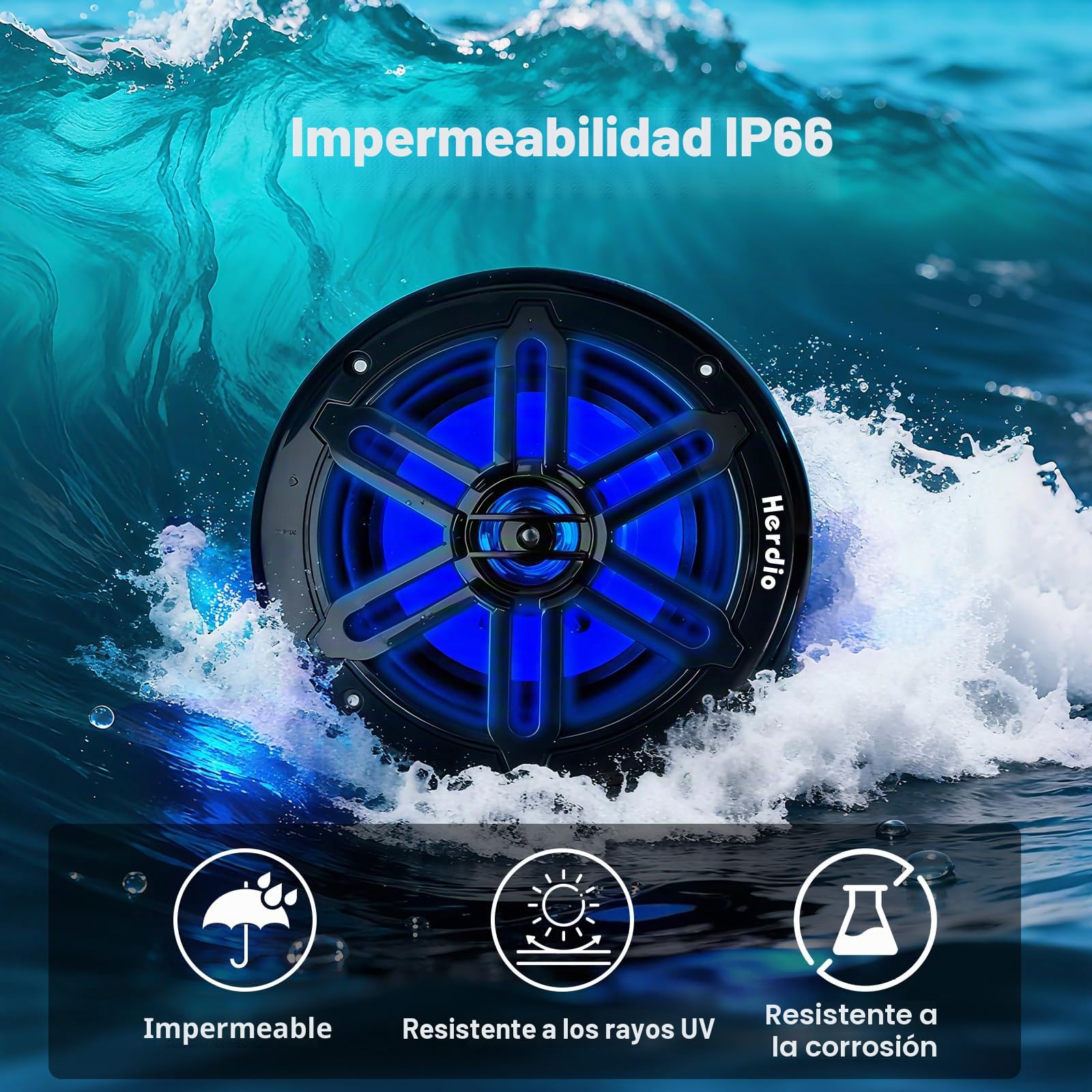 Herdio 8" 450W Marine Speakers - IP66 Waterproof Coaxial Audio, with Blue LED Light for Boats, ATVs, UTVs with UV Resistant Black Grille (A Pair)