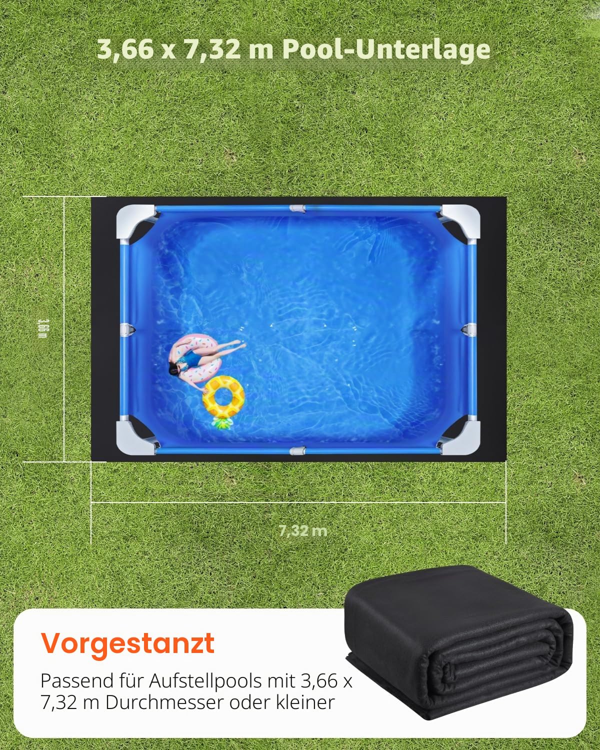VEVOR Rechteckige Poolunterlage, 3,6 x 7,3 m, Bodenplane für oberirdische Schwimmbecken, extra Dicke Bodenschutzplane, Poolmatte aus Geotextilmaterial, verlängert die Lebensdauer der Folie