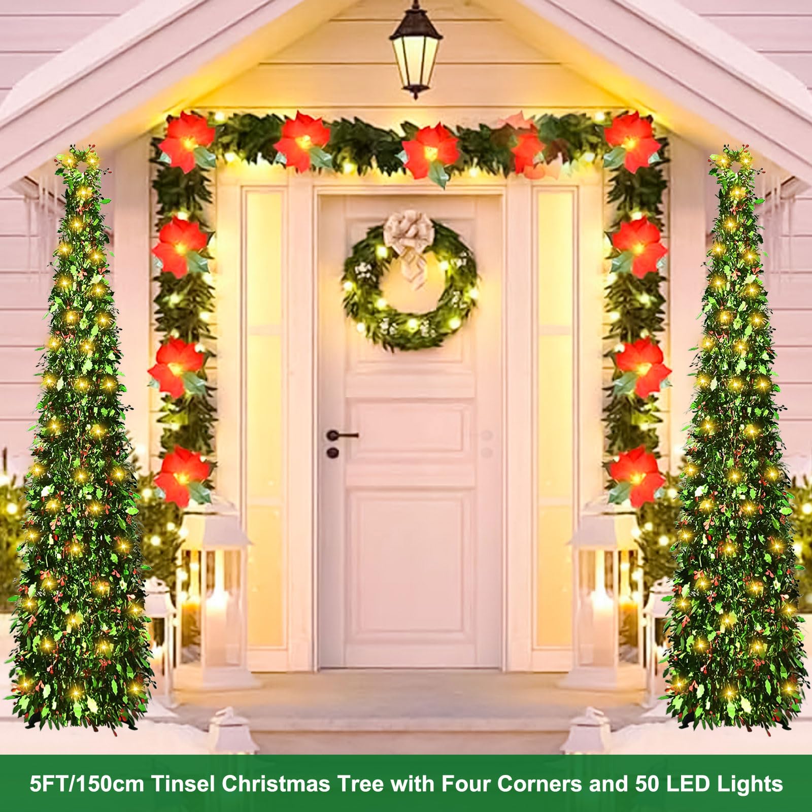 Árbol de Navidad Artificial y Plegable de 150 Cm, Arbol de Navidad Plegable con Una Guirnalda de Luces Cálidas de 5 Metros de Largo, Christmas Tree Verde, Navidad Decoración (E)