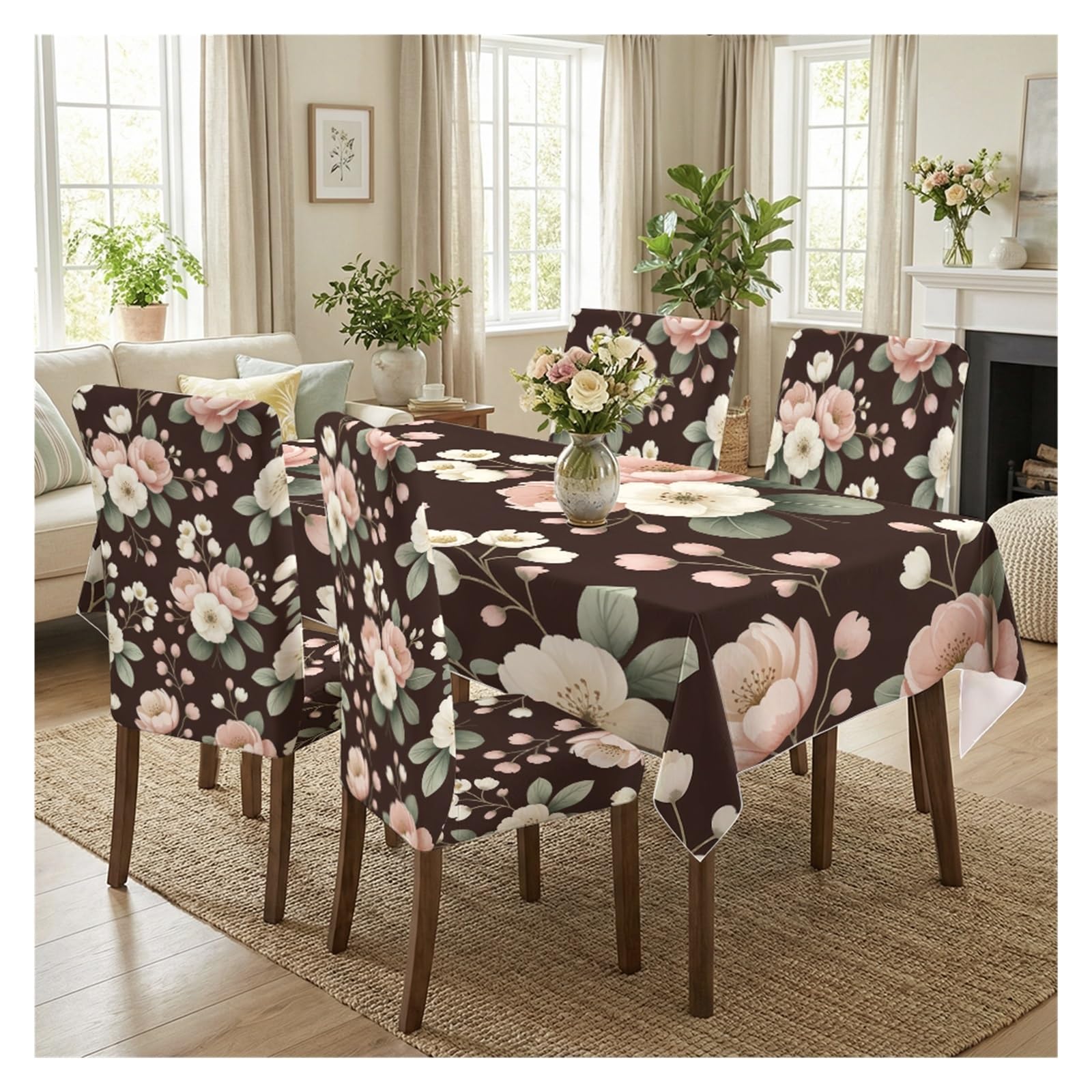 BOSUYBN Stretch Dining Chair Slipcover & Tablecloth Set, Dark Brown Base Pink White Floral Print, 5/7 Pack, Moody Elegant Cottage Home Decor Table Setting(5pcs Set: Tablecloth+Chair Covers)