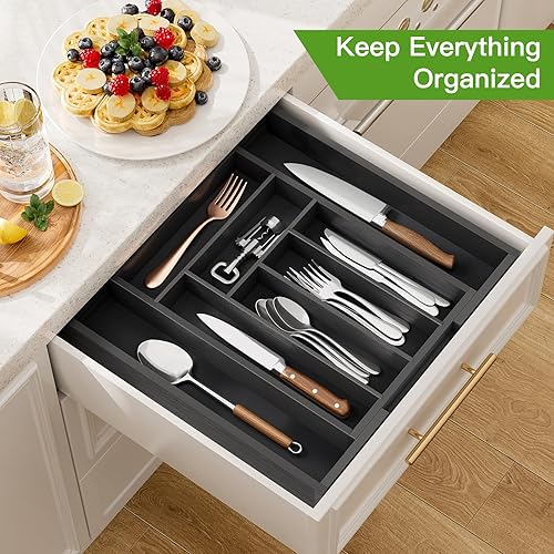 Miniatura 3 de Pipishell Organizador de cajones expandible de bambú para soporte de utensilios, bandeja ajustable para cubiertos, organizador de cajones de madera