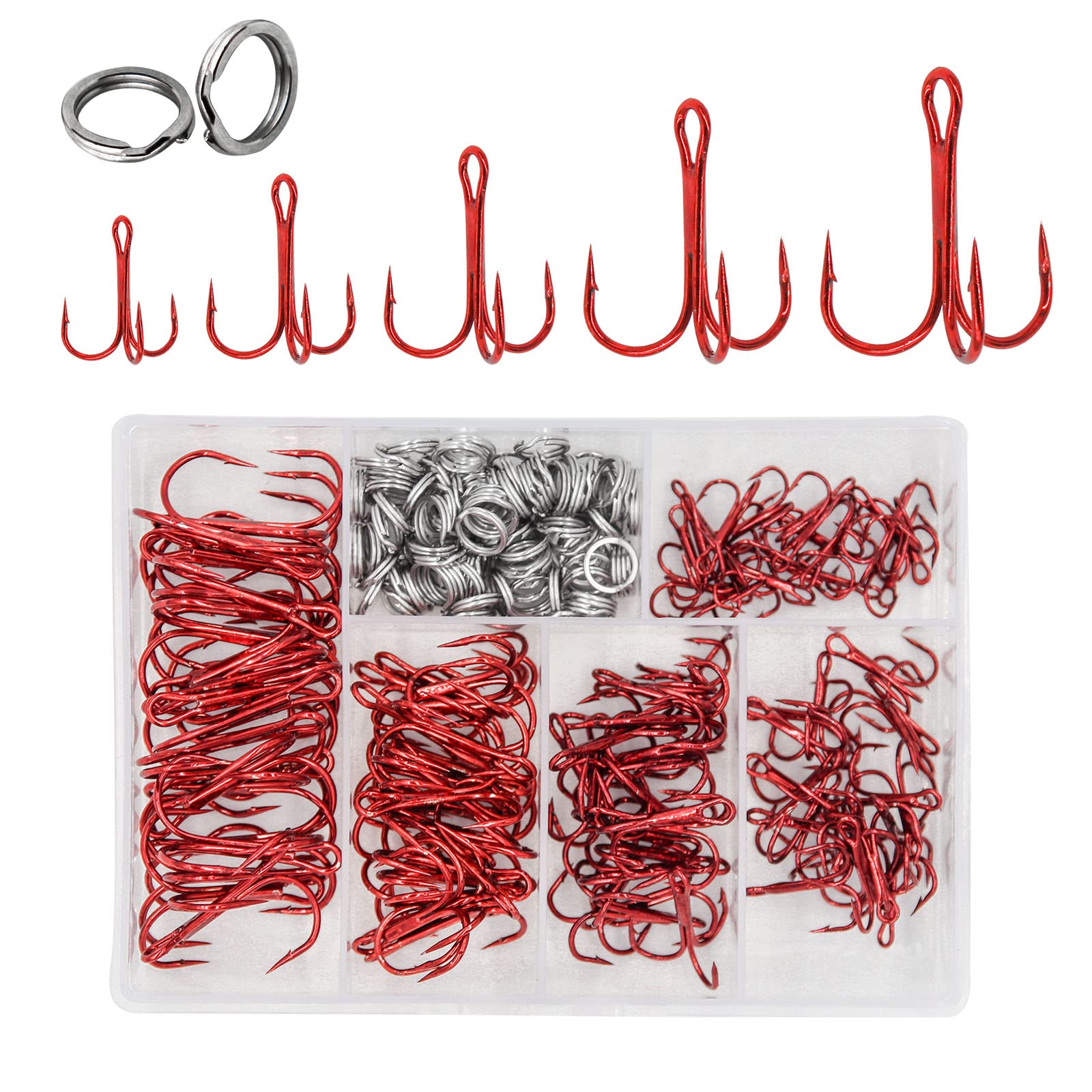 UperUper 200 Pack Fishing Treble Hooks Kit High Carbon Steel Hooks Strong Sharp Round Bend with Split Rings for Lures Baits Saltwater Freshwater Fishing Size 2# 4# 6# 8# 10#