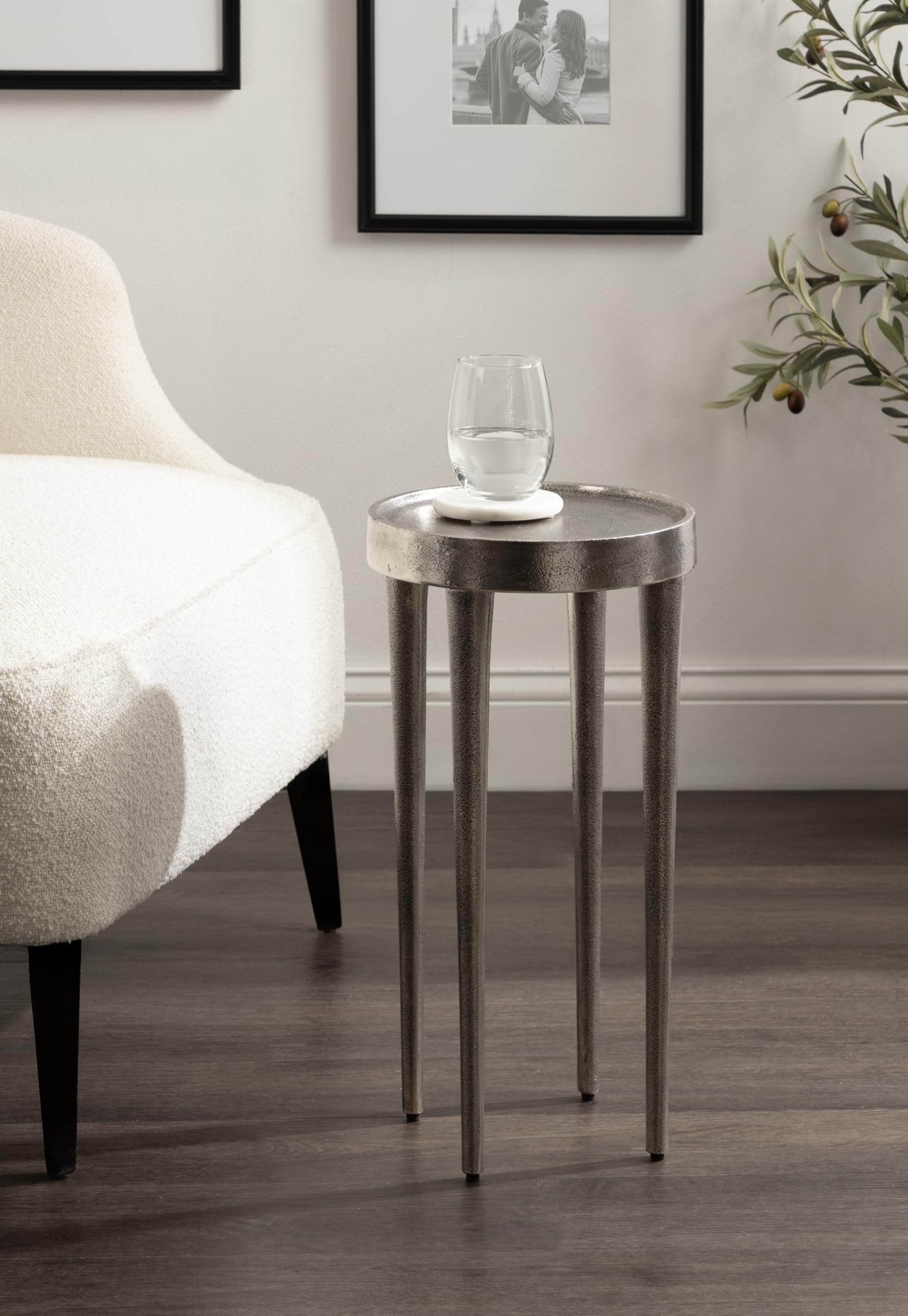 Kate and Laurel Rava Modern Metal Round Drink Table, 10 x 10 x 21, Antique Nickel, Cast Aluminum Accent Table for Use as Indoor Plant Stand or Living Room Decor Piece