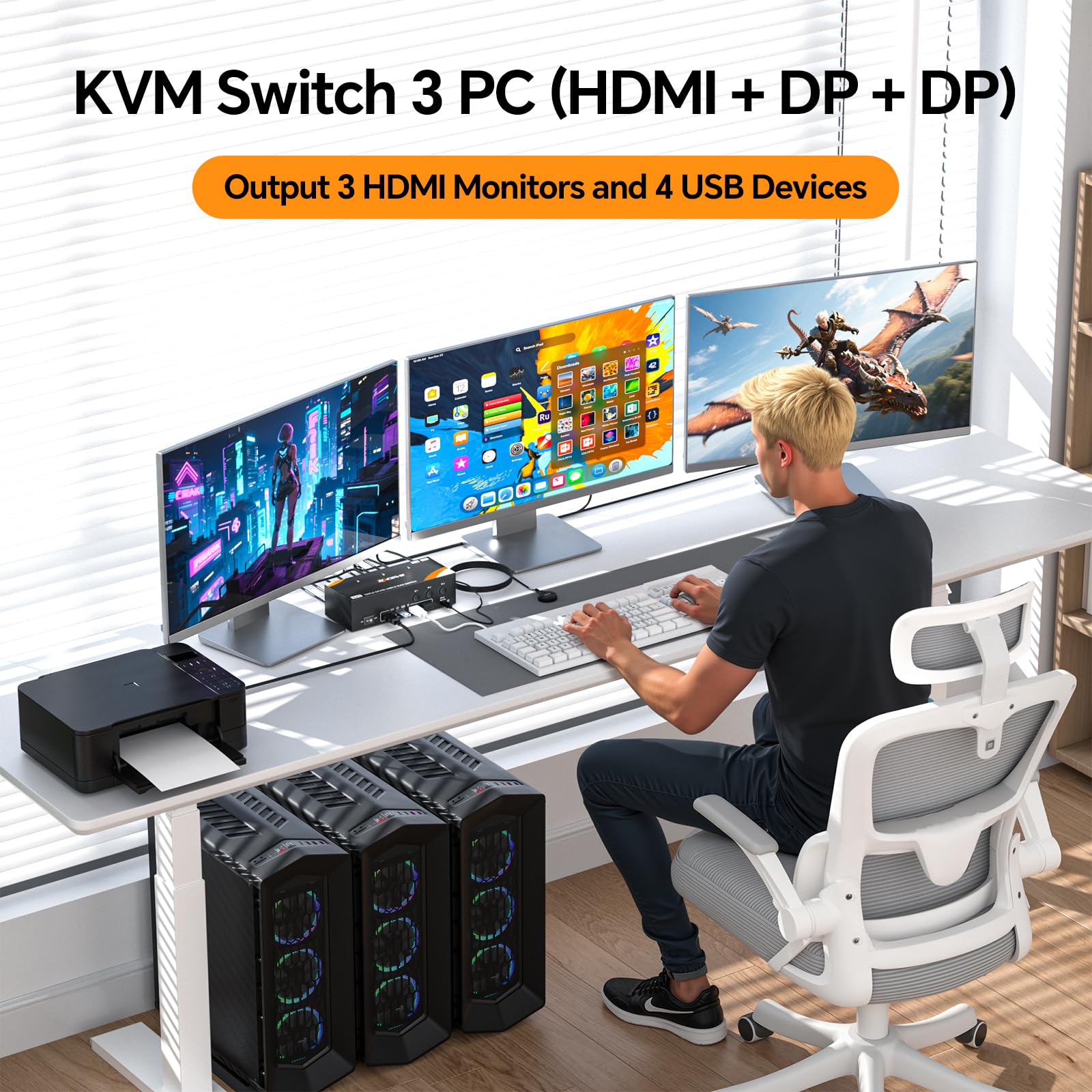 KVM Switch 3 PC 3 Moniteurs 8K@60Hz / 4K@144Hz, DisplayPort 1.4 HDMI 2.1 USB 3.0 KVM Switch Triple Monitor pour 3 PC Partage Souris, Clavier, Wired Remote(8K HD DP 3 in 3 out KVM)