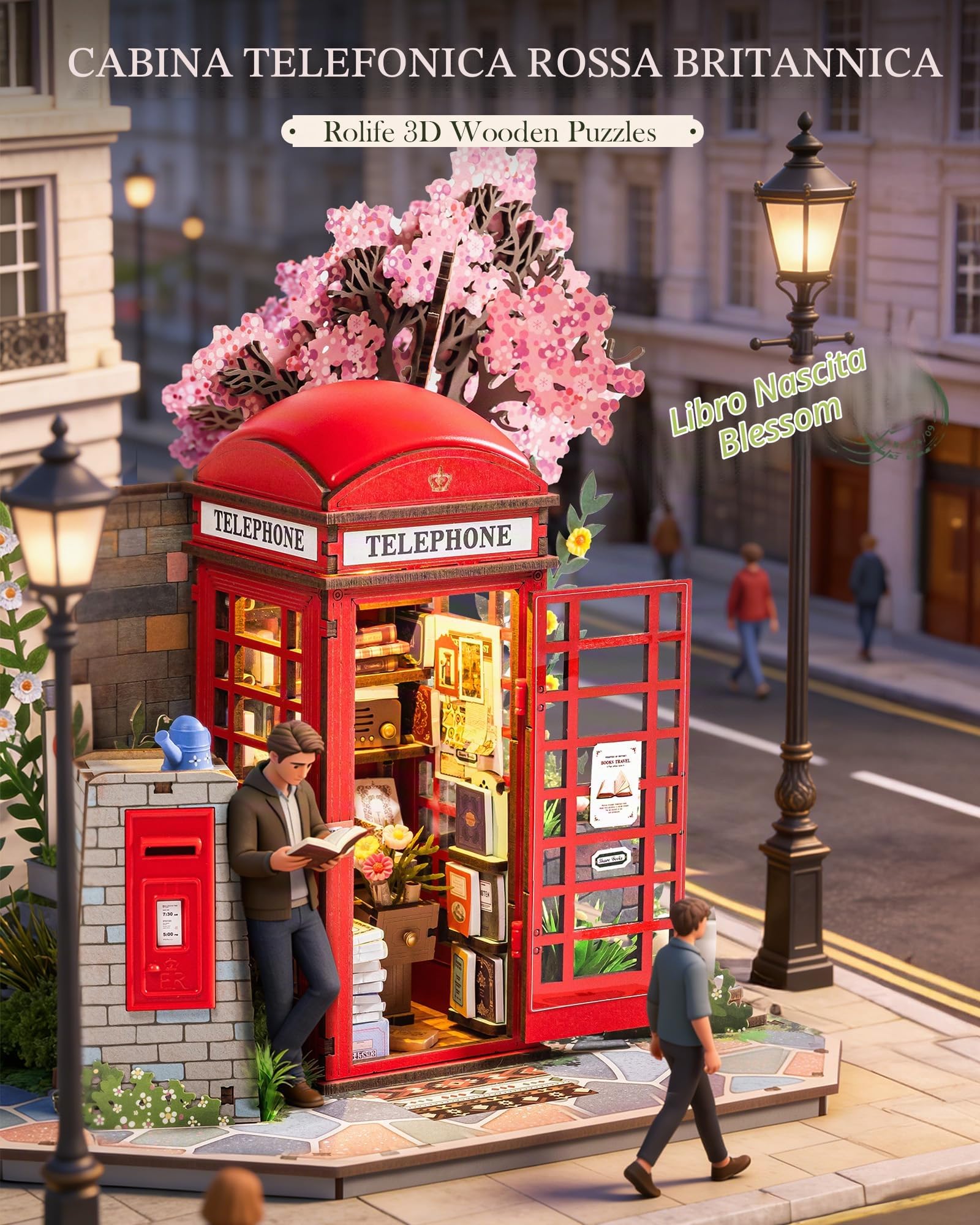 Rolife Puzzle 3D in Legno Cabina Telefonica Rossa di Londra Blossom Chiosco di Libri Modellino Fai da Te per Adulti con Luci LED Decorazione per la Casa Idea Regalo Creativa per Viaggiatori