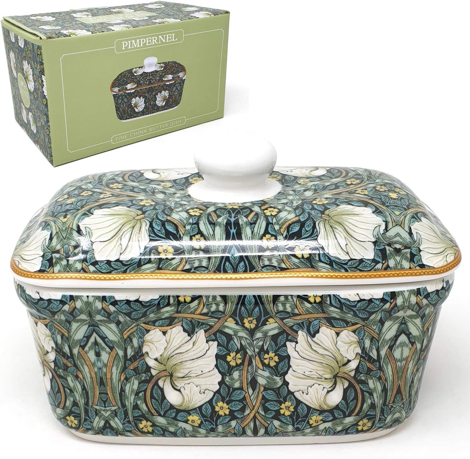 William Morris Pimpernel Butter Dish - Dark Green With Gold Effect Rim