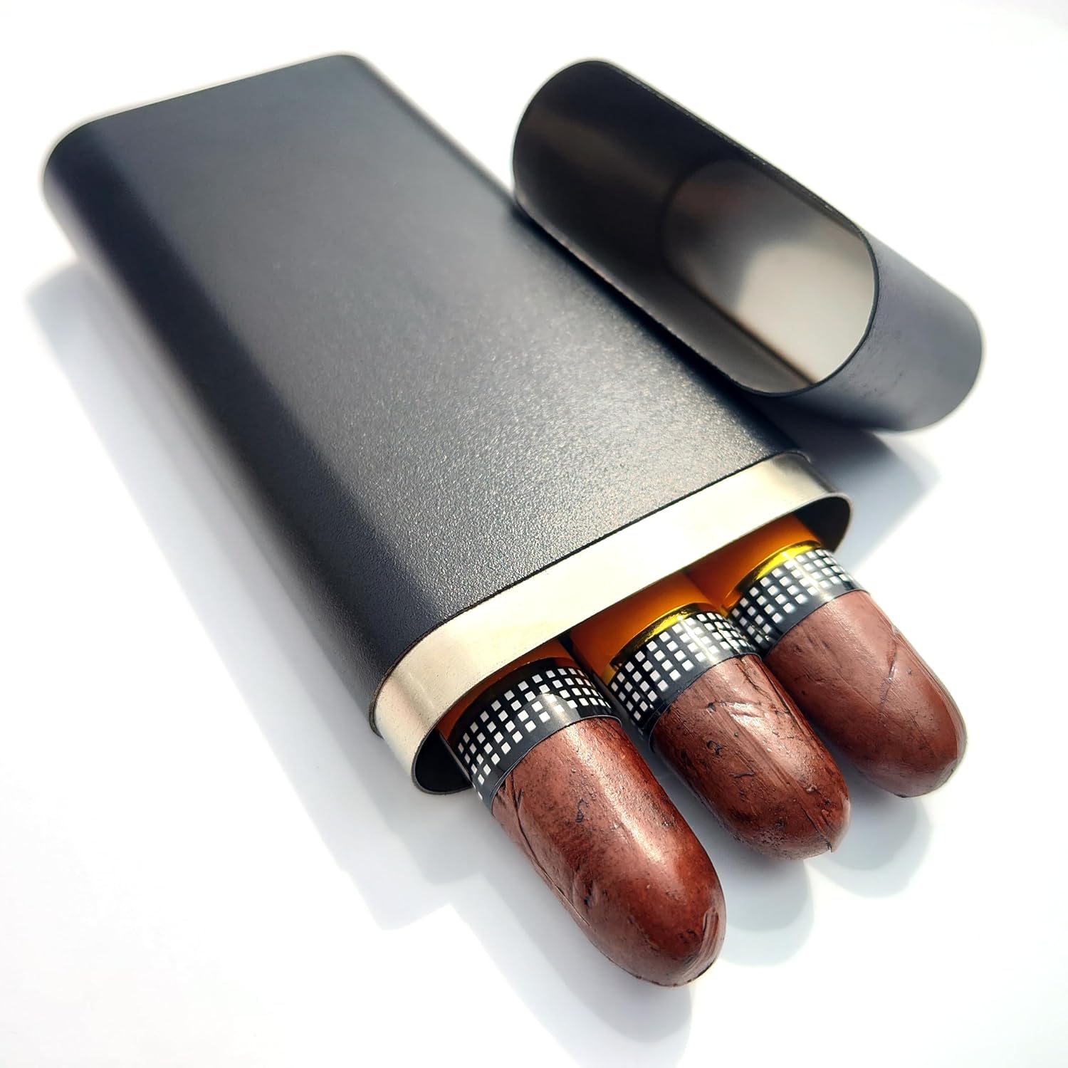 Stainless Steel 3-Finger Cigar Case Three-Fingers Cigar Tube Pocket 3 Cigar Holder (Black)