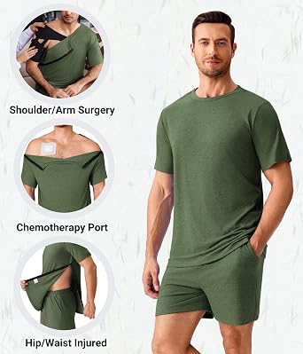 Deyeek 2Pcs Unisex Post Shoulder Surgery Shirts & Shorts Tear Away Shirts for Rotator Cuff Surgery Chemo Port Access Clothes