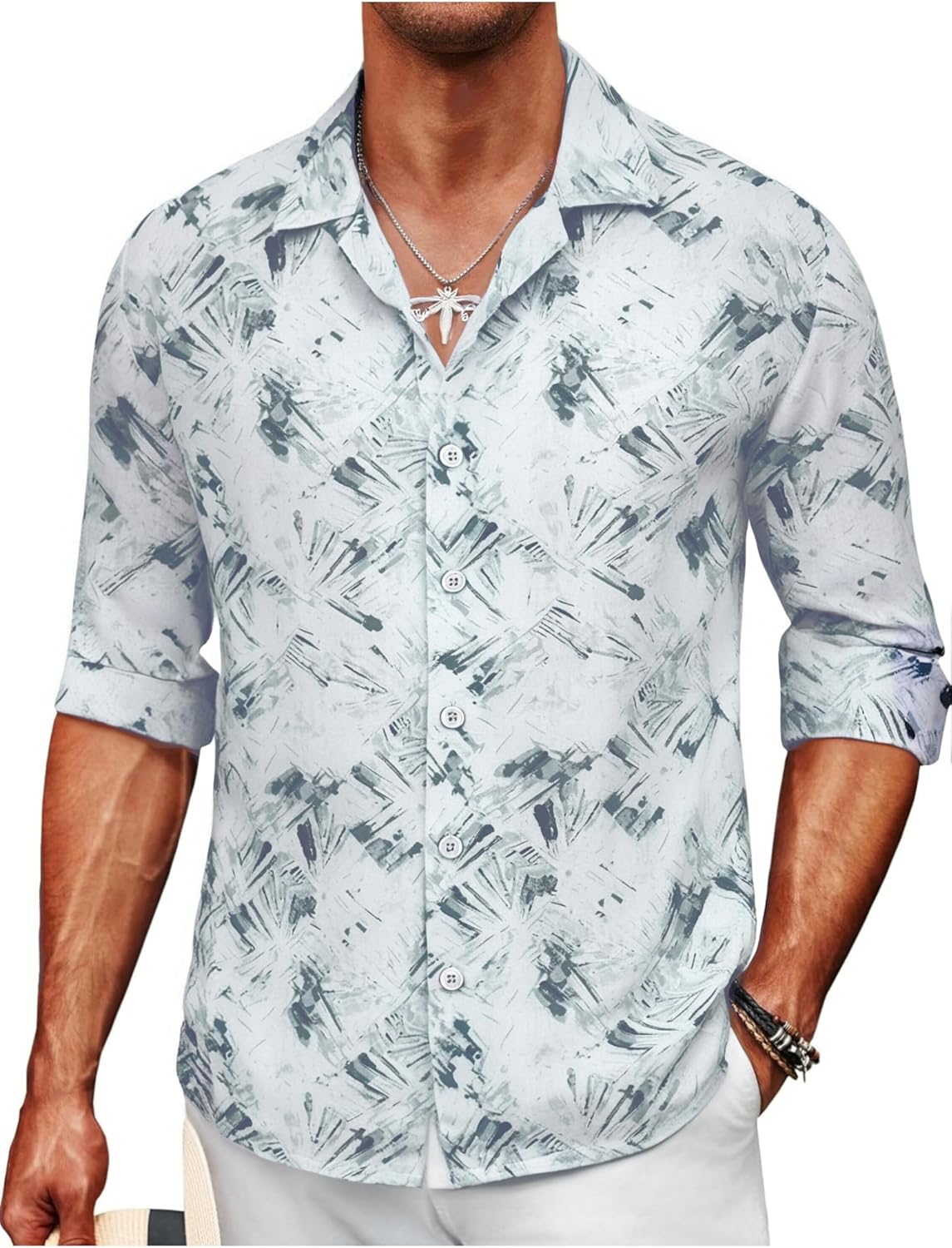 Damipow Mens Linen Cotton Striped Long Sleeve Dress Shirt Casual Button Down Shirt