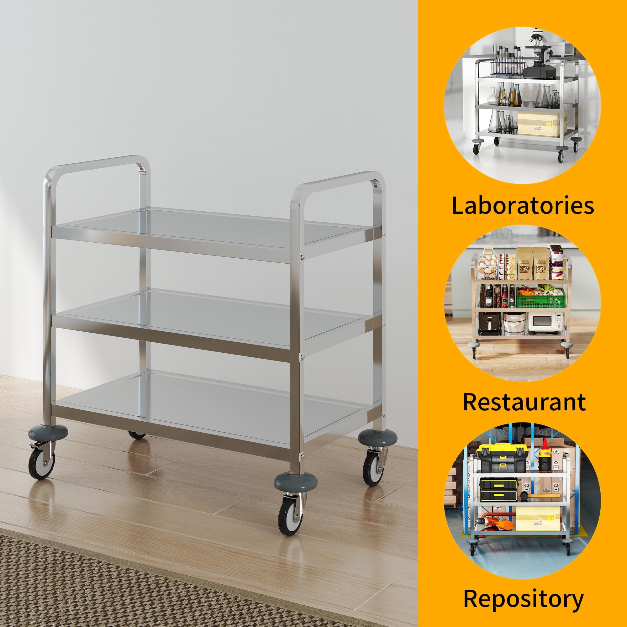 uyoyous Carrello da portata industriale a 3 ripiani, in acciaio inox, resistente, con ruote girevoli a 360°, carrello da cucina in acciaio inox, per hotel, ristorante, uso domestico