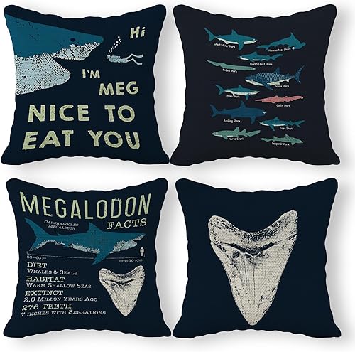 Funny Megalodon Facts Types of Sharks - Juego de 4 fundas de almohada de 18 x 18 pulgadas, regalos para amantes de los tiburones, regalos para