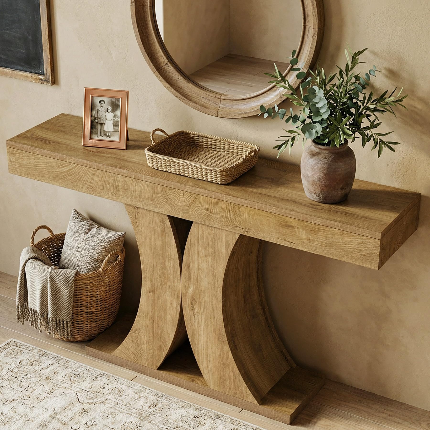Tribesigns Stolik konsolowy 150 cm, wąski stół do przedpokoju z podwójnym łukiem w kształcie litery X, styl dworkowy, nowoczesny stolik do salonu i wejścia, naturalny brąz