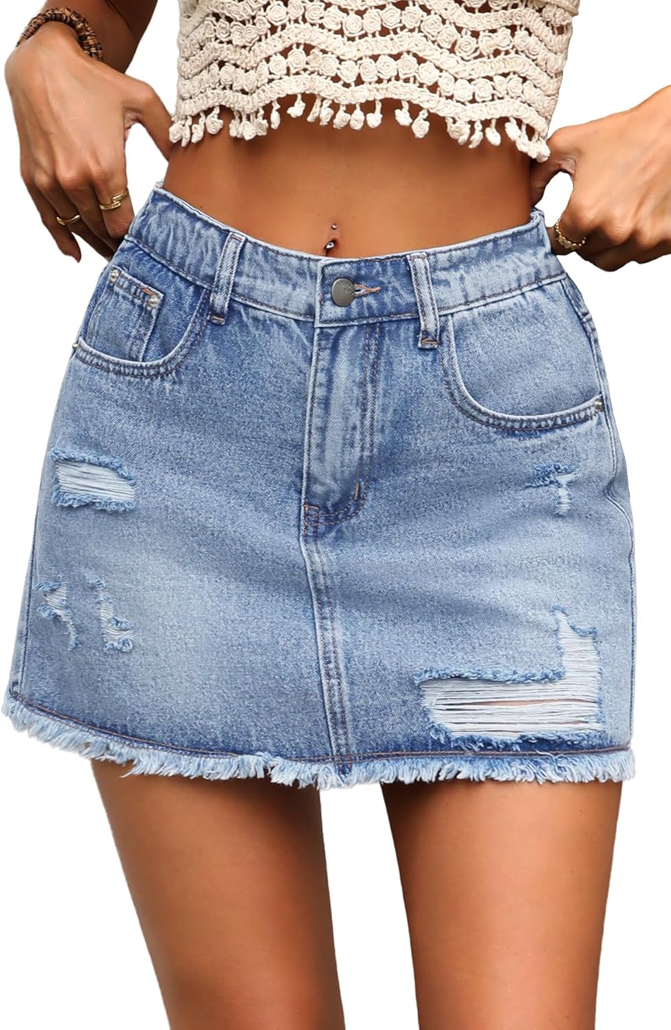 ELLEVEN Ripped Denim Mini Skort for Women,Y2k Raw Hem Jean Skort Skirts with Pockets