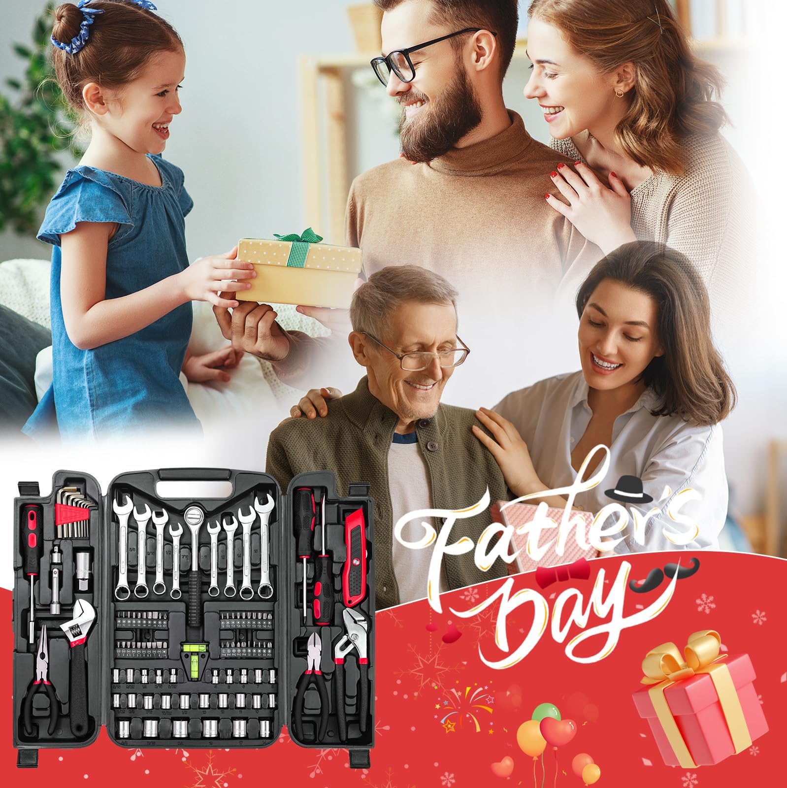 TLGREEN 95 Piece Tool Set, Tool Kit, Mechanics Tool Set, Portable Toolbox with Adjustable Wrench Pliers Socket Bits, with Plastic Toolbox, for House Apartment Garage (Red)