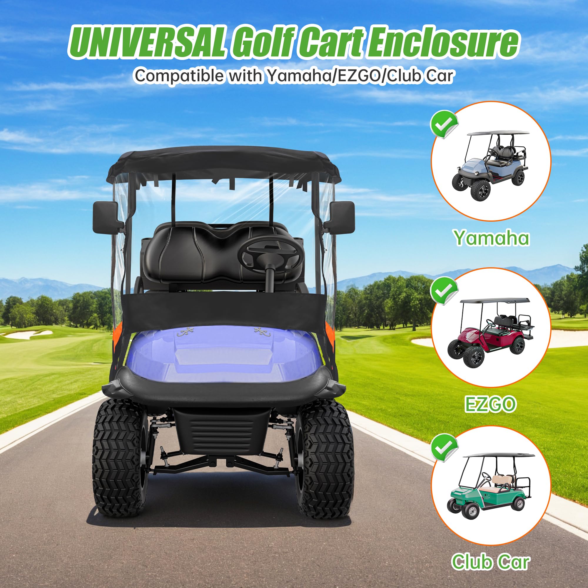 10L0L Uniwersalna obudowa na wózek golfowy - pasuje do samochodów Yamaha, EZGO i Club Car (4 pasażerów) - wodoodporna osłona z poliestru 600D, wiatroszczelna konstrukcja, 4 przezroczyste okna