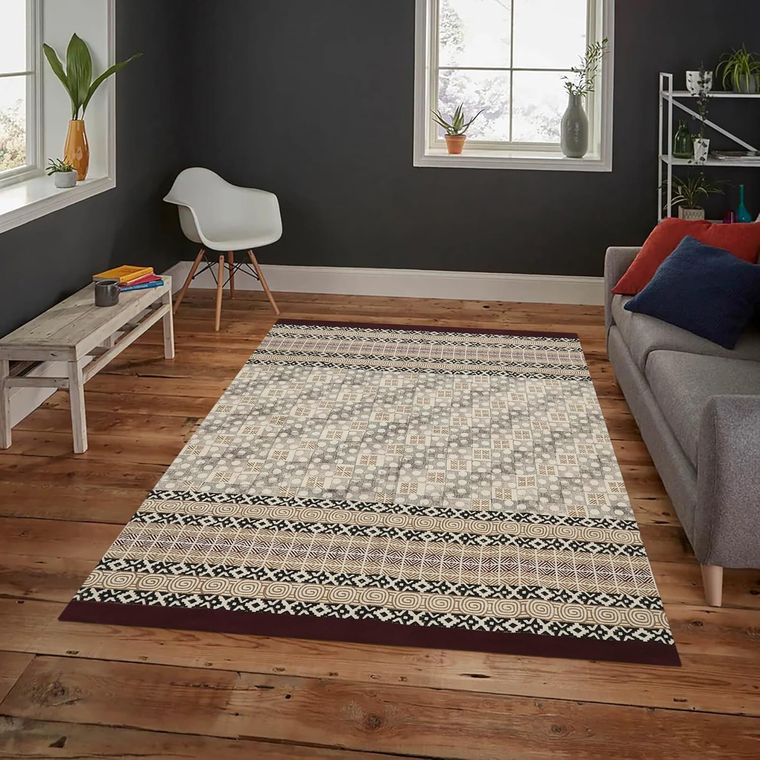 Kilim Runner 6x12 Hand Block Printed Cotton Dhurrie Maroon Black Geometric Design Hand Surface Washable Runner 0.19" Thick Handmade Boho Indoor Outdoor Flatweave Rugs for Hallway,Staircases,Corridor