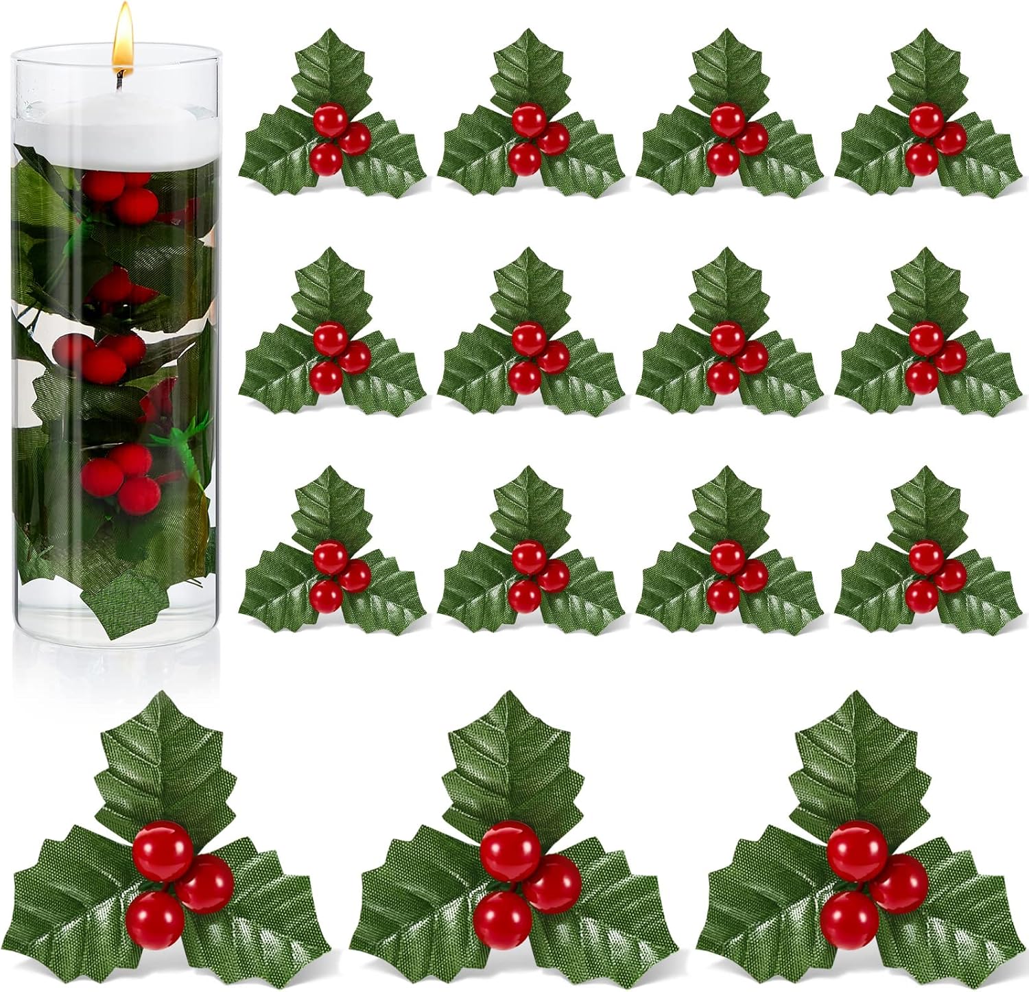 50 Pieces Christmas Holly Berries for Crafts Faux Berry Flowers Holly Leaves and Berries Christmas Wreath Fillers for Christmas Vase Fillers Floating Candle Table Centerpiece (Red)