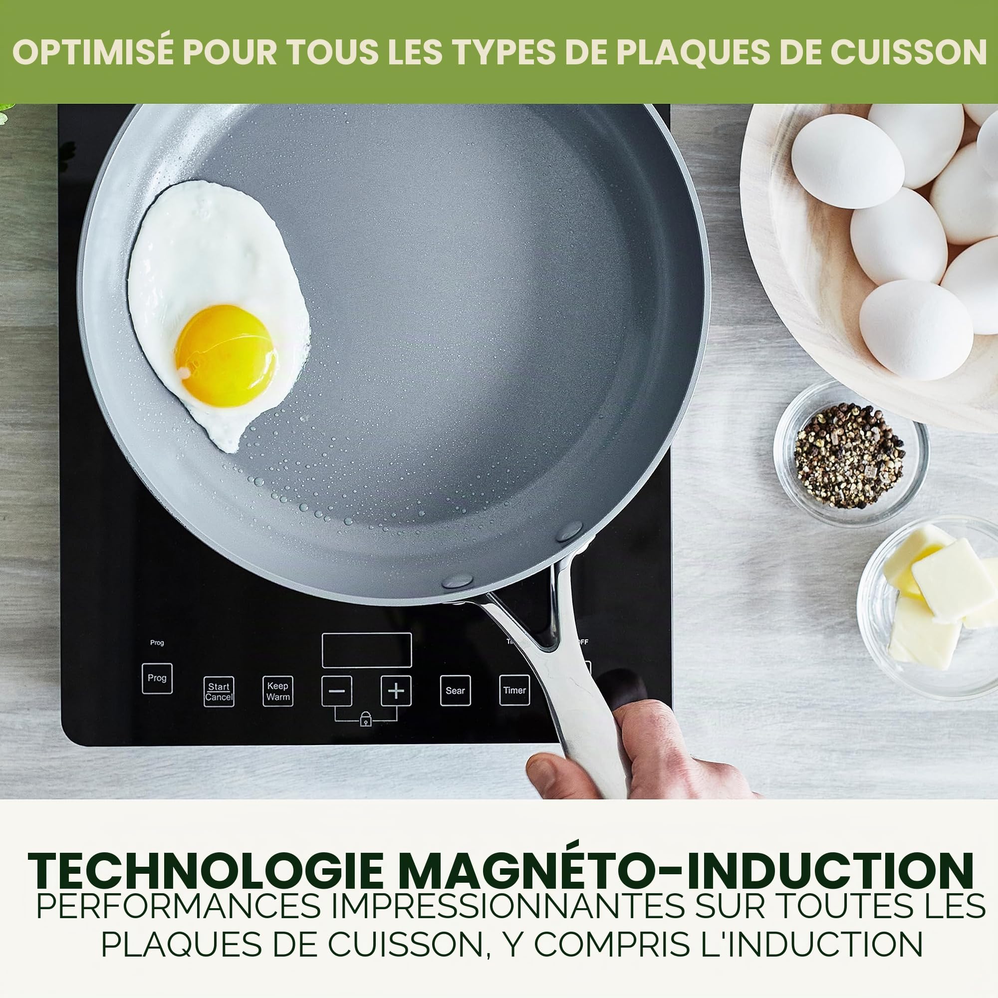 GreenPan Valencia Pro Poêle à frire antiadhésive en céramique saine anodisée dure de 20 cm et 26 cm, sans PFAS, induction, lave-vaisselle, four, gris