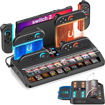 Switch Charging Station for Nintendo Switch 2 2.5 Hour Controller Charging Station for Joycons with 20 Game Slots Games Storage Docking Station Accessories