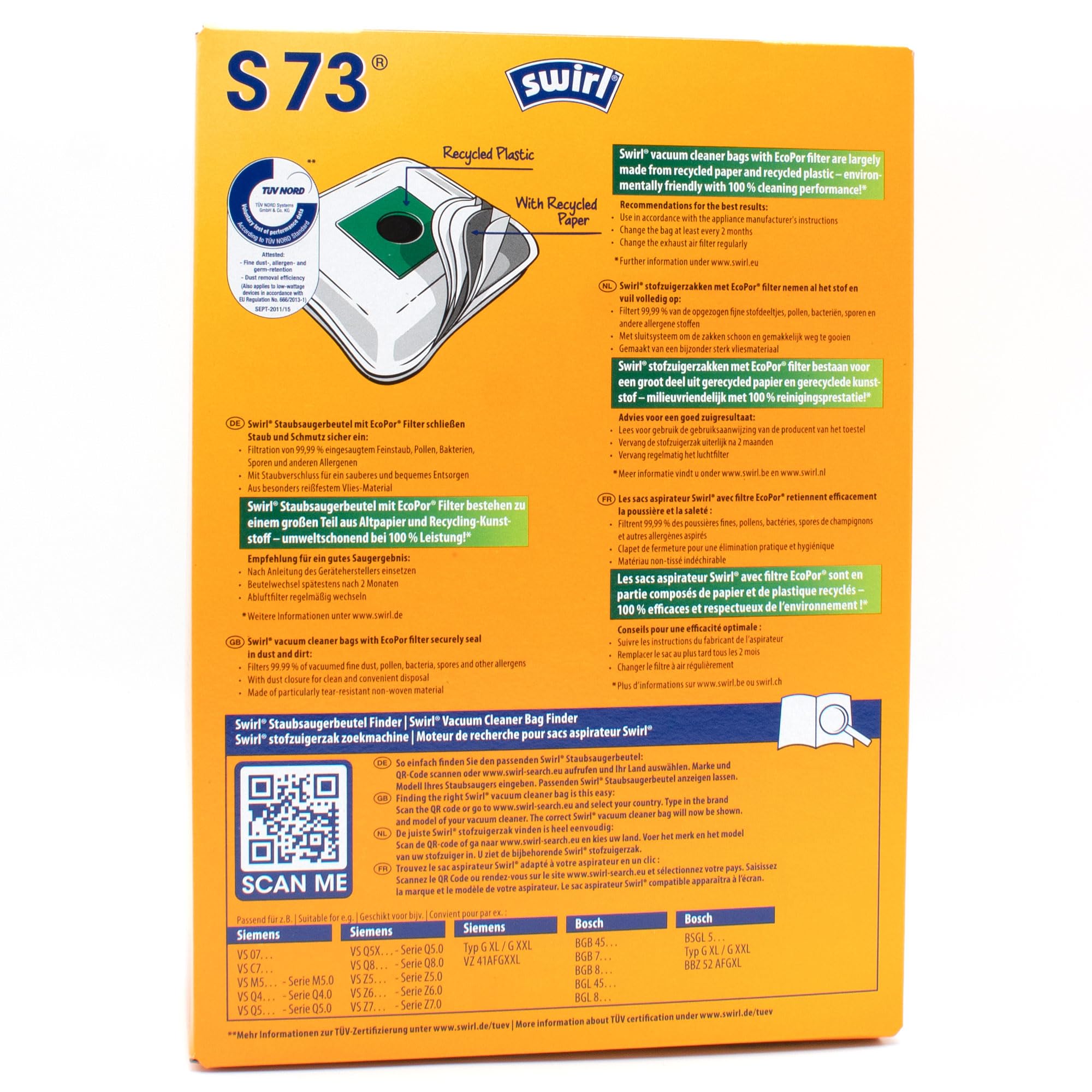 PakTrade 8 Sacs D'aspirateur + Billes Déodorantes Compatible avec Bosch BSGL 5PRO... Serie - Free’e | Compatible avec Swirl S73 - S 73 | 8 Sacs, Désodorisant, Accessoires, Pièces Détachées