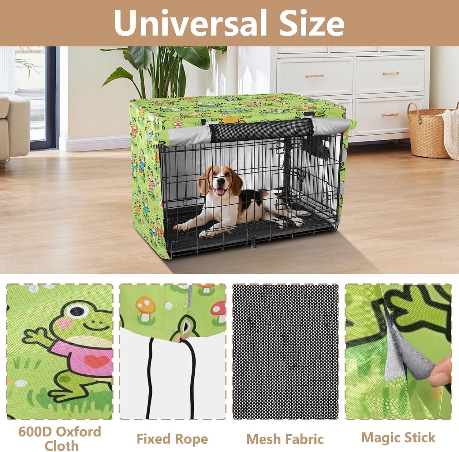 Cartoon Frogs Green Dog Crate Cover 600D Oxford Pet Kennel Cover with Mesh Window for Dog Cages, Windproof Waterproof Machine Washable, 48"x30"x33"