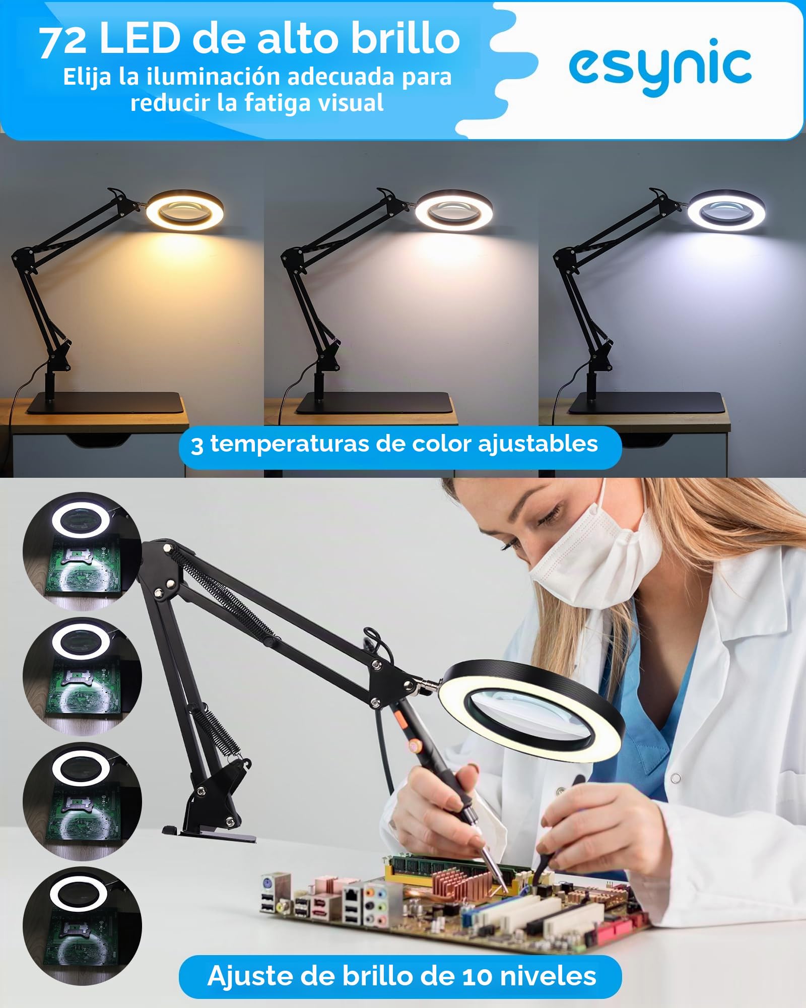 eSynic Lupa de Escritorio 8X con 72 Luces LED 2 en 1 Lámpara de Aumento con 10 Brillos Ajustables y 3 Colores, Rotación de 360°con 4 Fuertes Columnas Magnéticas y 4 Pinzas para Manualidades