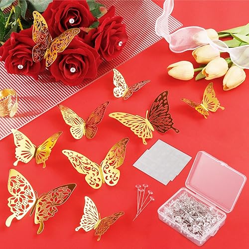 Miniatura 4 de Lefiocky 288 alfileres para ramo y 120 piezas de decoraciones de mariposa dorada en 3D, 408 accesorios para ramos de flores para arreglos florales,