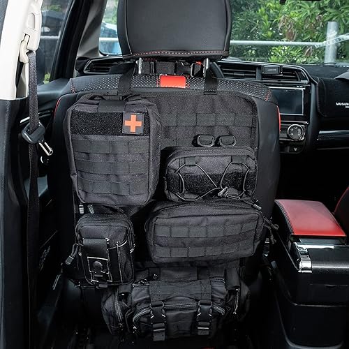 Organizador táctico para respaldo de asiento de automóvil con 5 bolsas Molle desmontables, 1 kit médico y 4 bolsas de administración, panel táctico