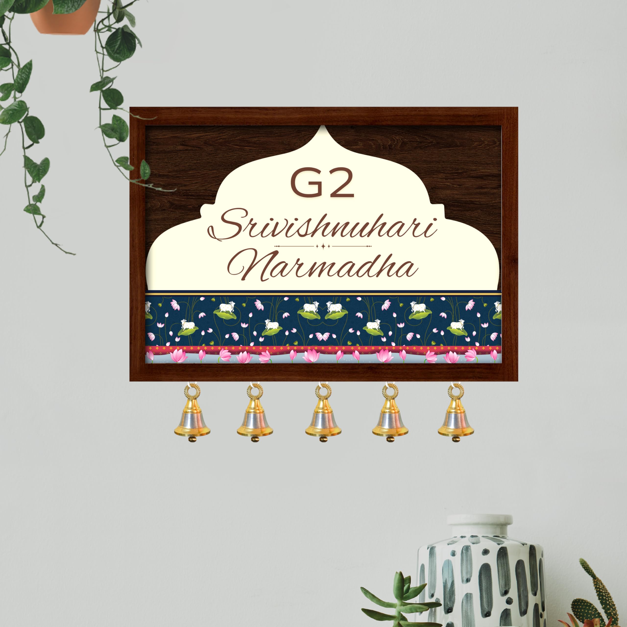 THE FINE FRAMER | Customised Name Plate for Home Entrance | Wooden Door Name Plate with Brass color Bell & Matte Finish for Home Decor | Personalized with Name & Apartment Number | 10x14 inch | Housewarming Gift (BROWN 1)