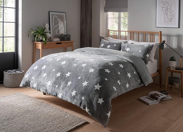 Olivia Rocco Teddy Fleece Duvet Cover Set Printed Super Soft Quilt Sets Check Stars Stag Design Warm Winter Bedding With Sherpa Reverse, Double Stars Grey