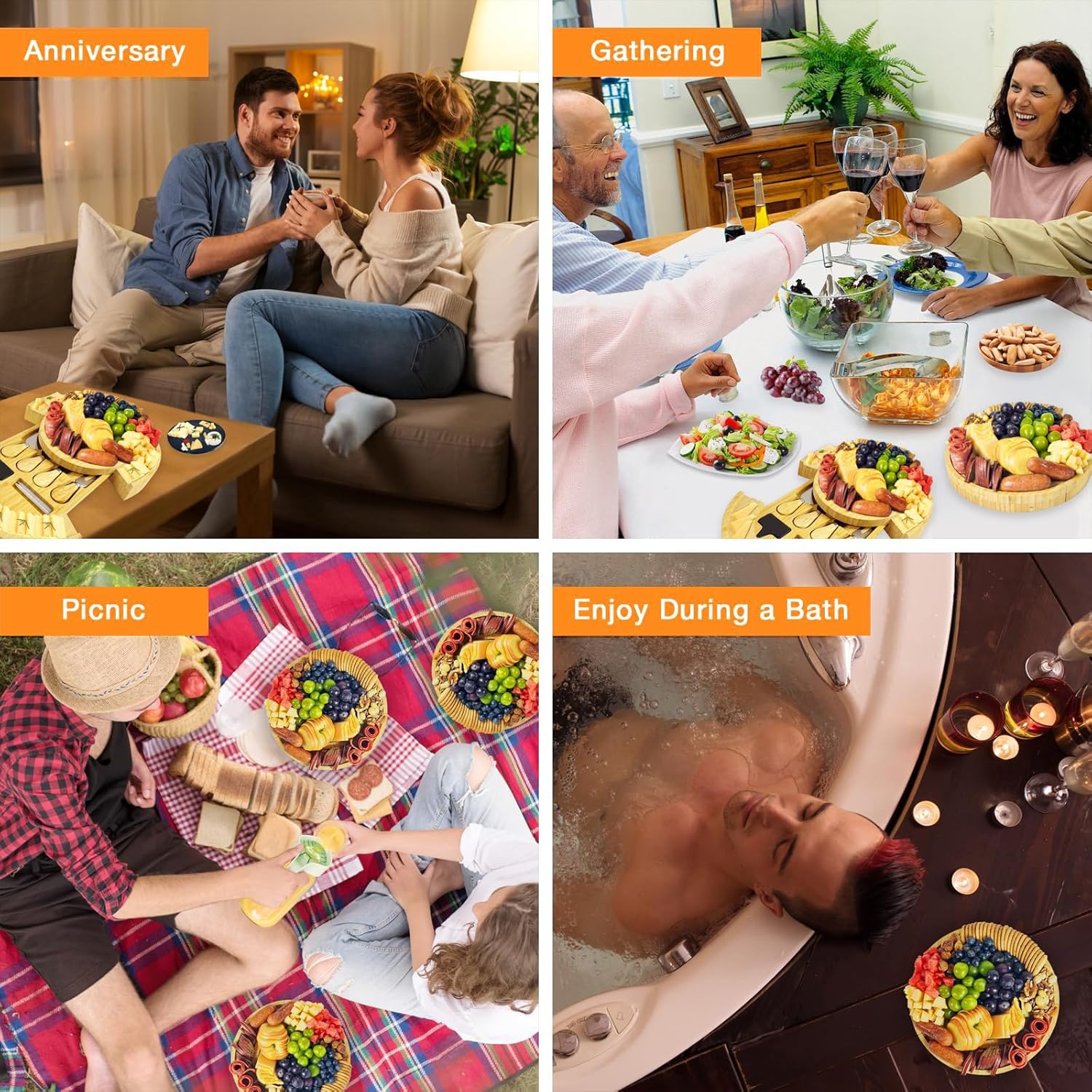 Charcuterie Board Set with Lid Round, Portable Bamboo Cheese Board Set,Travel Tray with Locking Lid for Picnic, Party, Wedding & Housewarming & Kitchen Gifts for Women - Image 7