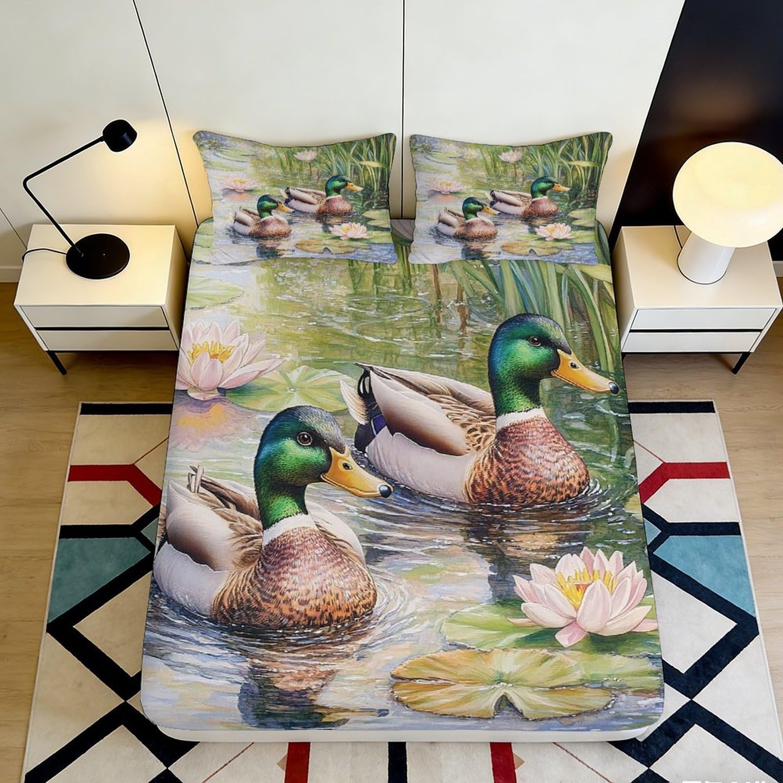 3D Printed Mallard Duck Pond Fitted Sheet Microfiber Non-slip Water Lily Mattress Cover for Bedroom Decor, Easy Care, Adult Teen 160x200x25cm