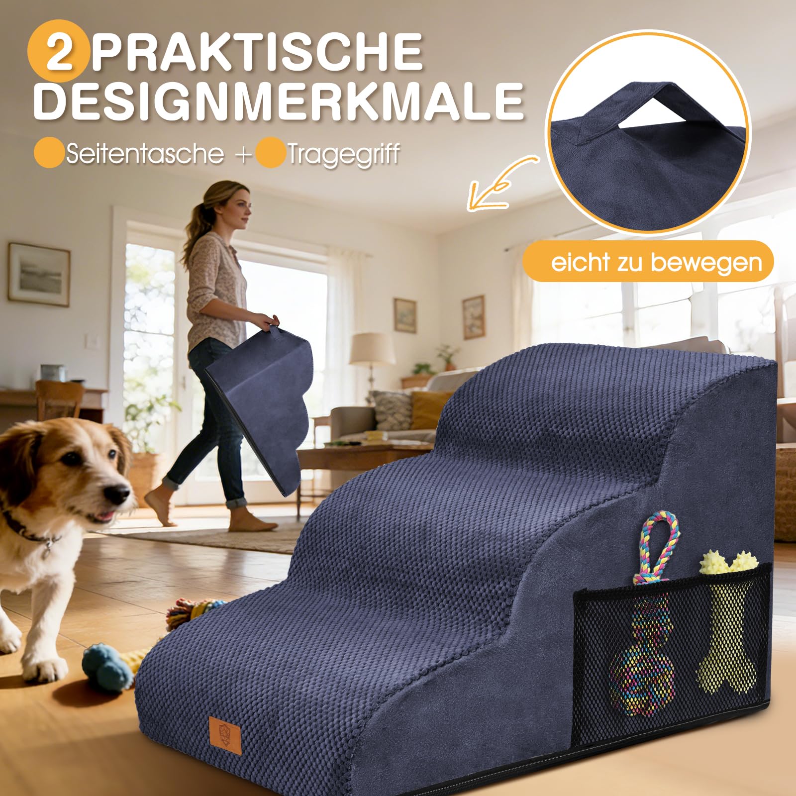 Zvonema Scaletta per Cani Antiscivolo 3 Gradini,Scaletta per Animali, per cani e gatti, portatile, rimovibile, con rivestimento lavabile, Rampa per Cani in spugna,Portata Fino a 23 kg