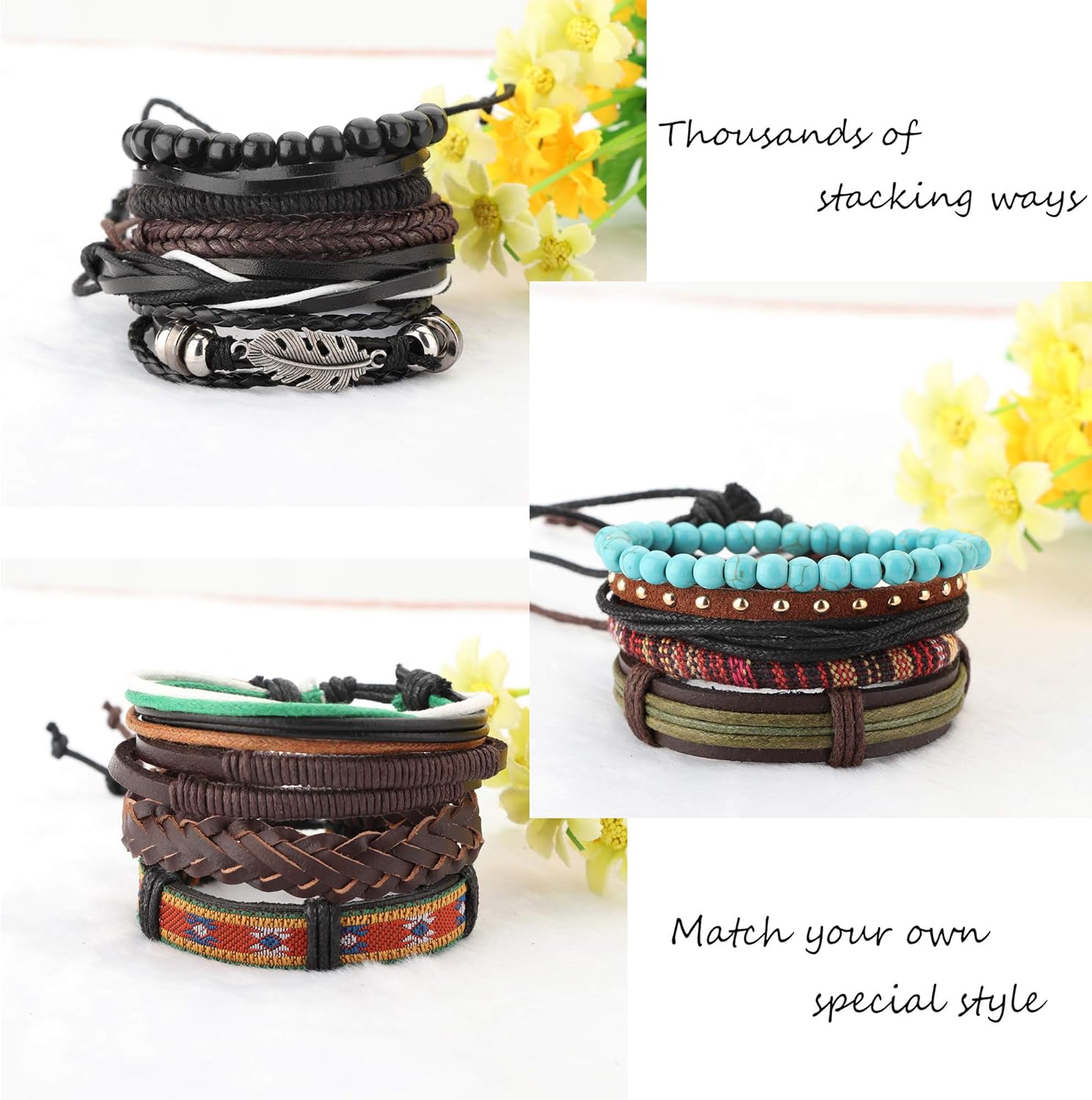 MILACOLATO 22-32 Pcs Braided Leather Bracelet for Men Women Woven Wrist Cuff Bracelets Hemp Cords Wood Beads Ethnic Tribal Handmade Wrap Adjustable - Image 6