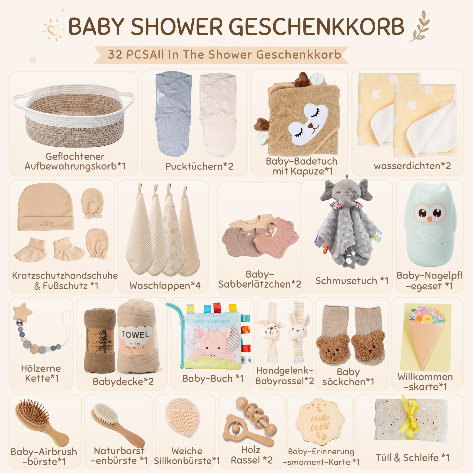 Baby Geschenk 30-teilig, Neugeborenen Geschenk, Baby Set zur Geburt (Braun)