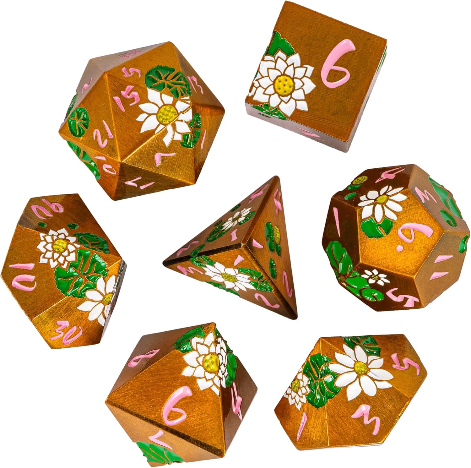 Lotus Flower Metal DND Dice Set,Heavy Metallic Flower D&D Dice Set with Gift Metal Case for Dungeons and Dragons TTRPG Games Roleplaying Games Pathfinder(Ancient Gold and Pink)