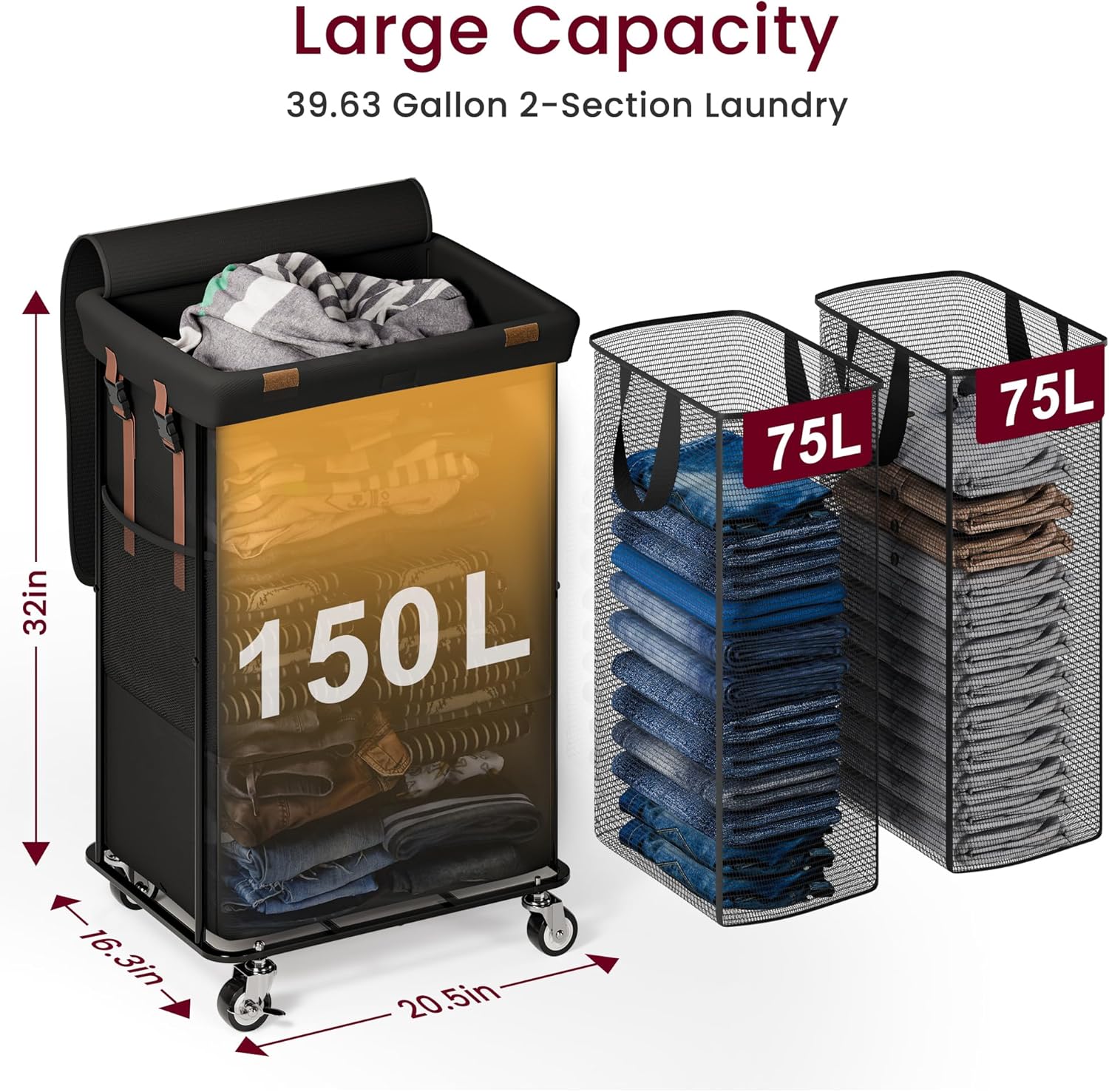 150L Rolling Laundry Basket with Wheels and 2 Removable Bags, Double Laundry Hamper with Lid, 2 Section Large Capacity for Laundry Bedroom Bathroom Dorm, Easy Move & Organize 19.7"x15.7"x31.9", Black