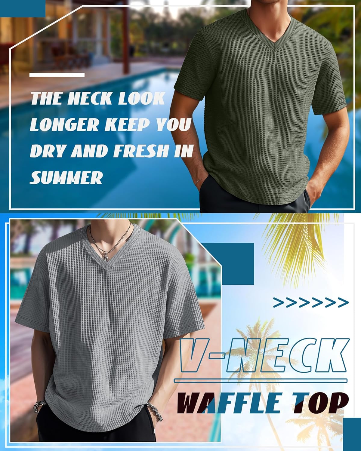 3 Pack Men's Waffle T Shirts, V Neck Moisture Wicking Pullover Tee Shirts Short Sleeve Lightweight Knitted Tops - Image 2