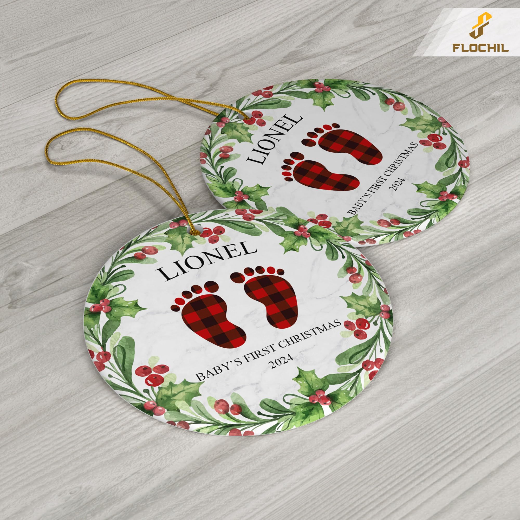 FLOCHIL Personalized Babys First Christmas Ornament 2022, Babies First Christmas Ornament 2022, Gift for Boy, Girl, Baby's, Newborn Footprint Ceramic Ornament, 2.90'' x 2.90''