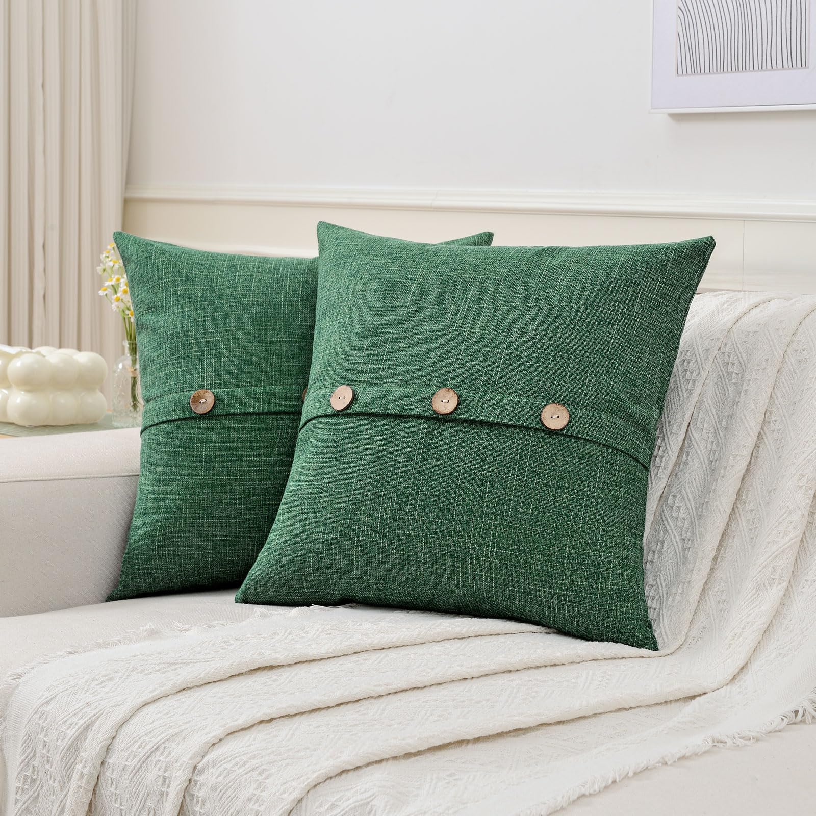 Ikuoic Emerald Green Linen Decorative Throw Pillow Covers 24x24 Inch