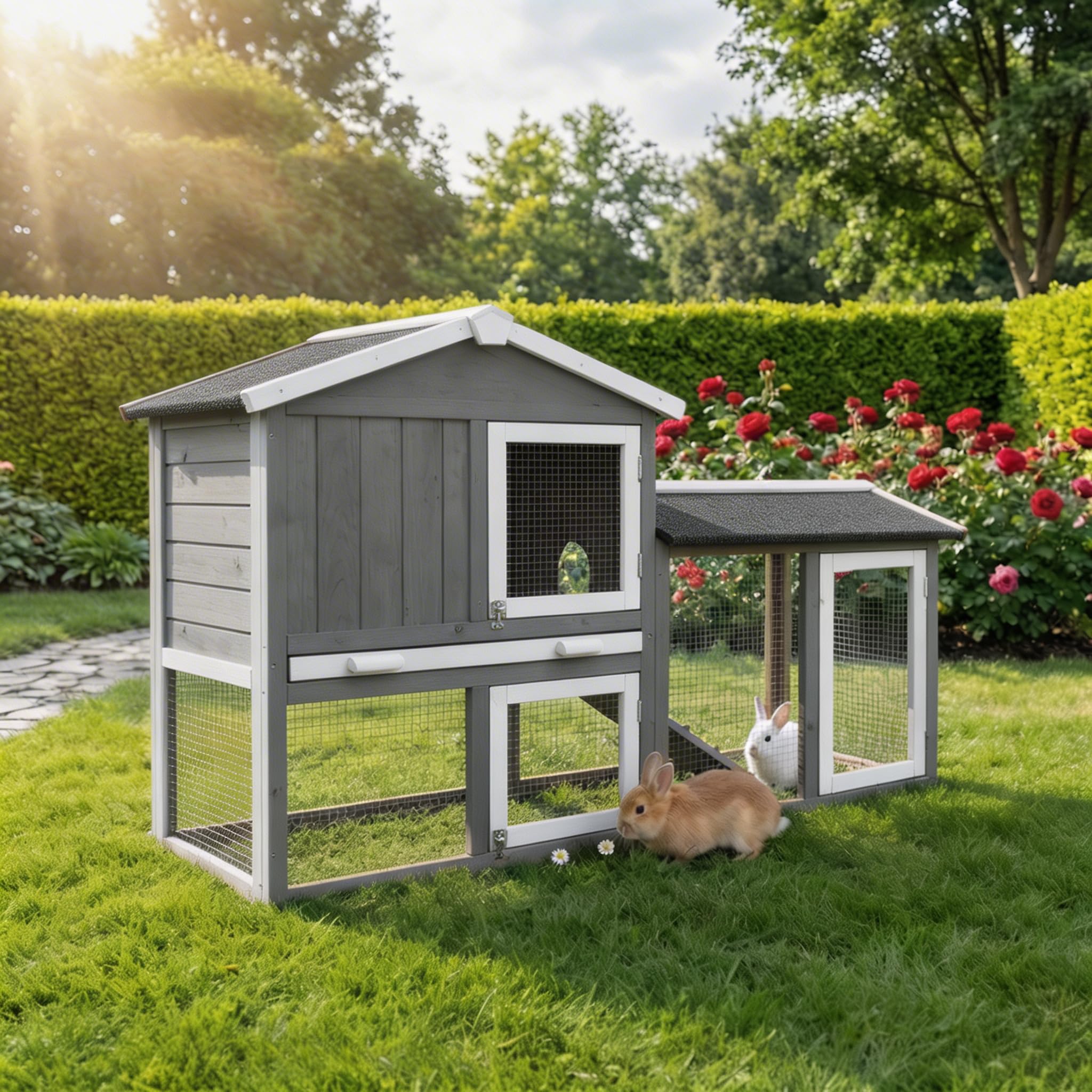 Miweba MyAnimal Hasenstall MH-03 | Kaninchenstall mit Freilaufgehege - Hasenkäfig - Kleintierkäfig - Holz imprägniert - Kaninchenkäfig Winterfest - Kleintiergehege - Käfig - Hasenhaus (Grau/Weiß)