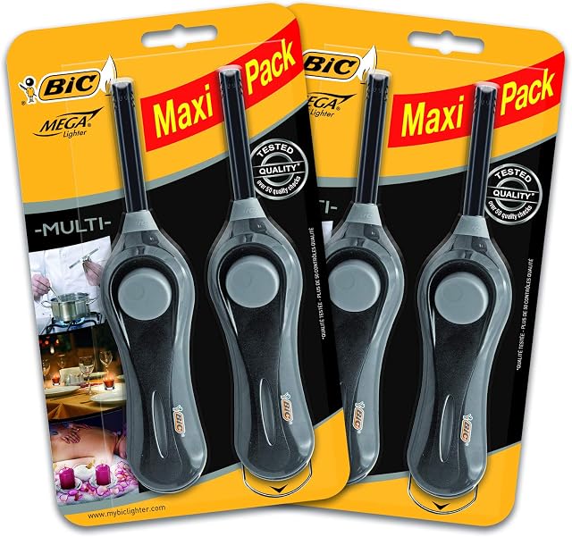 BIC 6cm extension wand Utility Lighter that lasts up to 750 lights, Black, Pack of 4